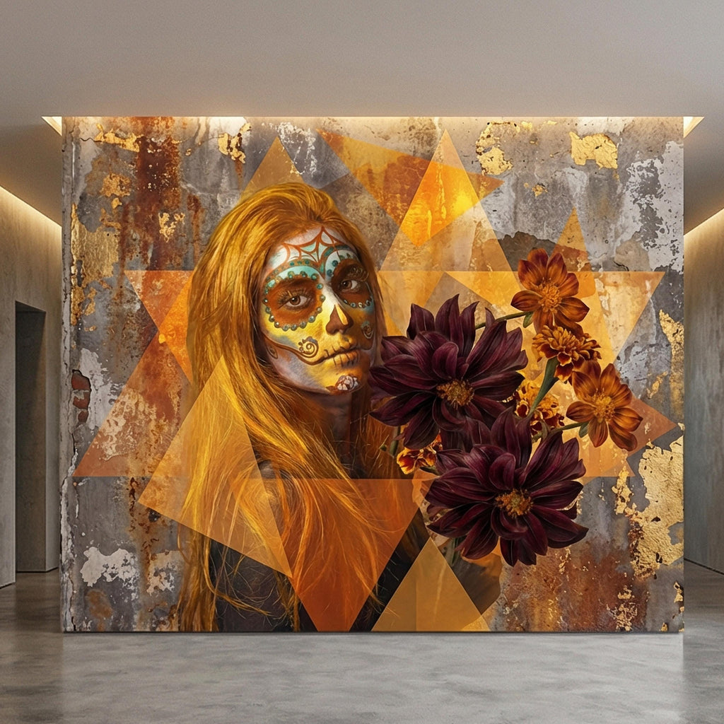 Sugar Skull Woman Peel and Stick Wall Mural, Day of the Dead Portrait, Mexican Marigold Flowers, Distressed Gold Foil Geometric Wallpaper