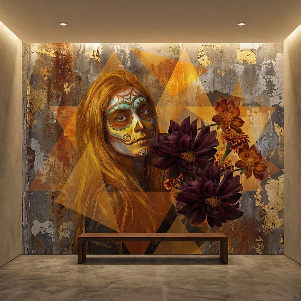Sugar Skull Woman Peel and Stick Wall Mural, Day of the Dead Portrait, Mexican Marigold Flowers, Distressed Gold Foil Geometric Wallpaper