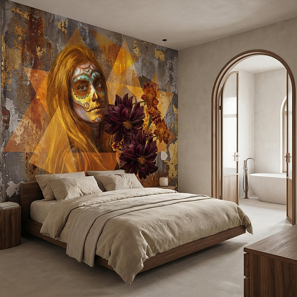 Sugar Skull Woman Peel and Stick Wall Mural, Day of the Dead Portrait, Mexican Marigold Flowers, Distressed Gold Foil Geometric Wallpaper