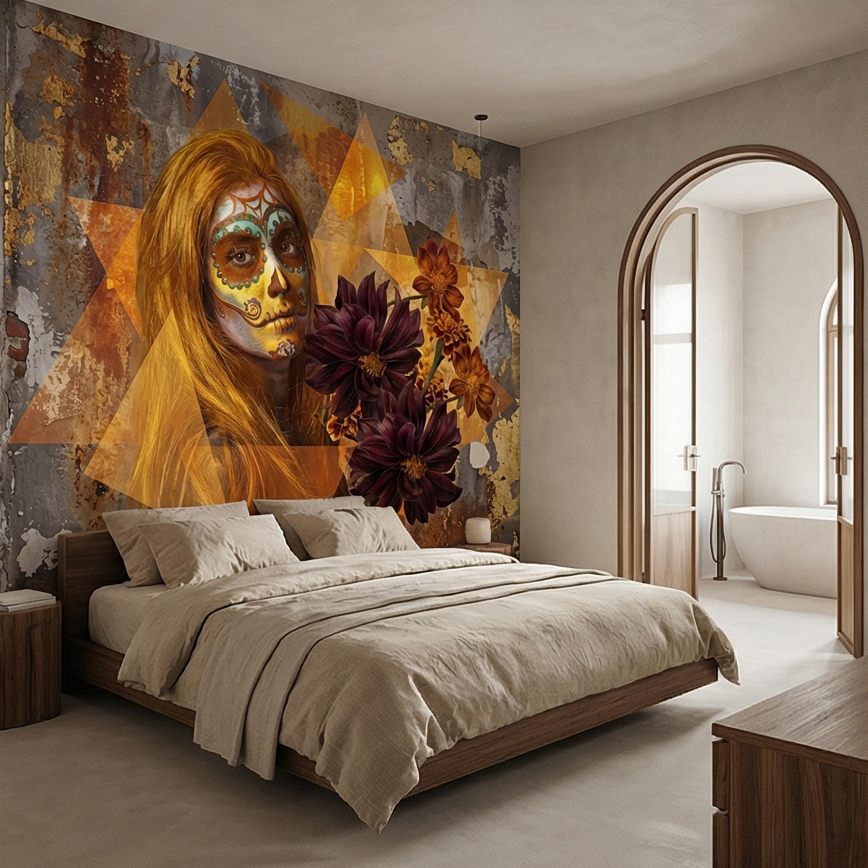 Sugar Skull Woman Peel and Stick Wall Mural, Day of the Dead Portrait, Mexican Marigold Flowers, Distressed Gold Foil Geometric Wallpaper