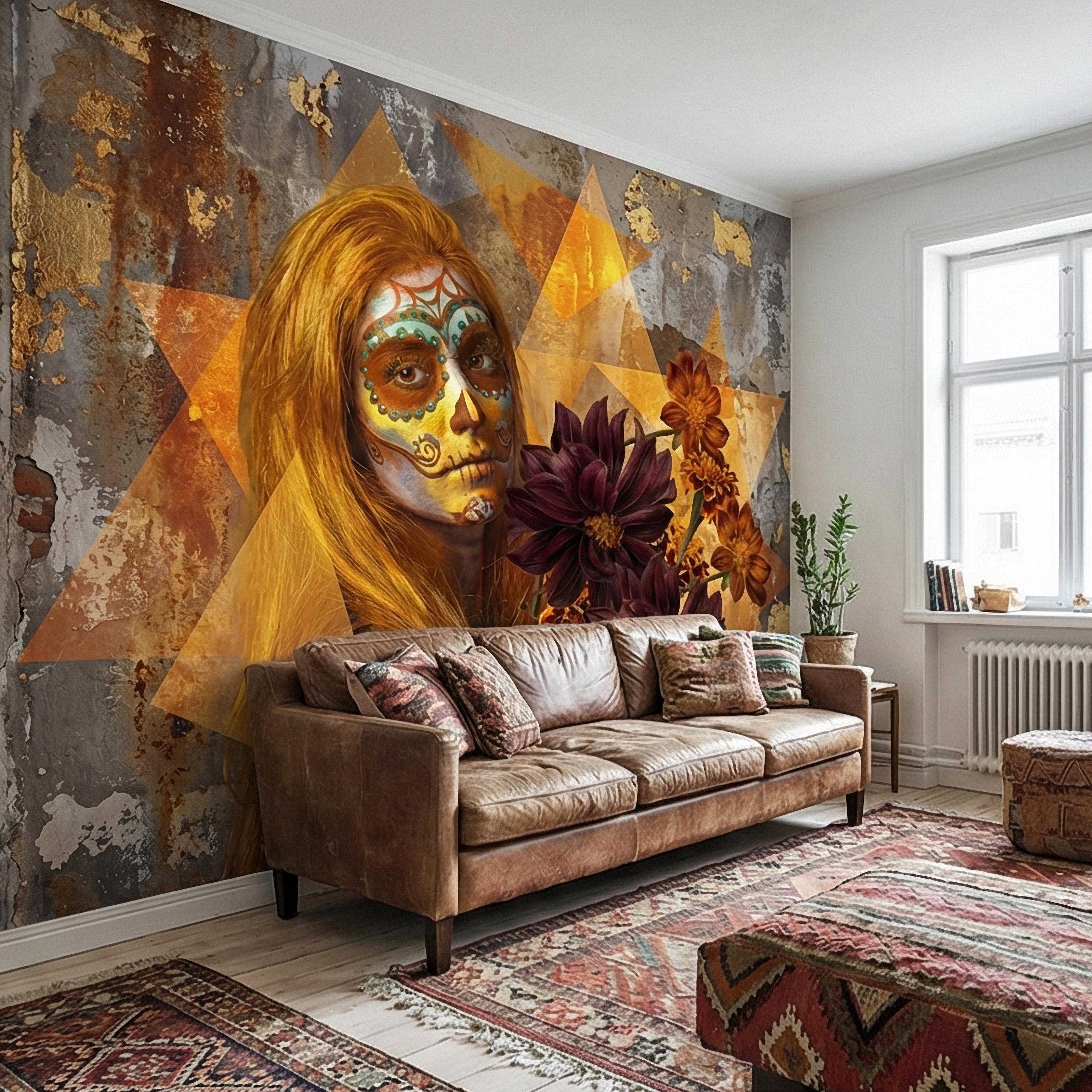 Sugar Skull Woman Peel and Stick Wall Mural, Day of the Dead Portrait, Mexican Marigold Flowers, Distressed Gold Foil Geometric Wallpaper