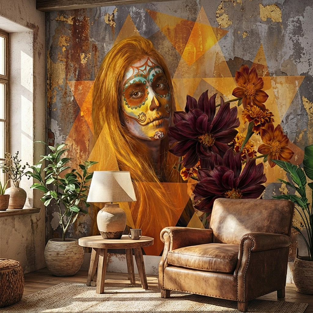 Sugar Skull Woman Peel and Stick Wall Mural, Day of the Dead Portrait, Mexican Marigold Flowers, Distressed Gold Foil Geometric Wallpaper