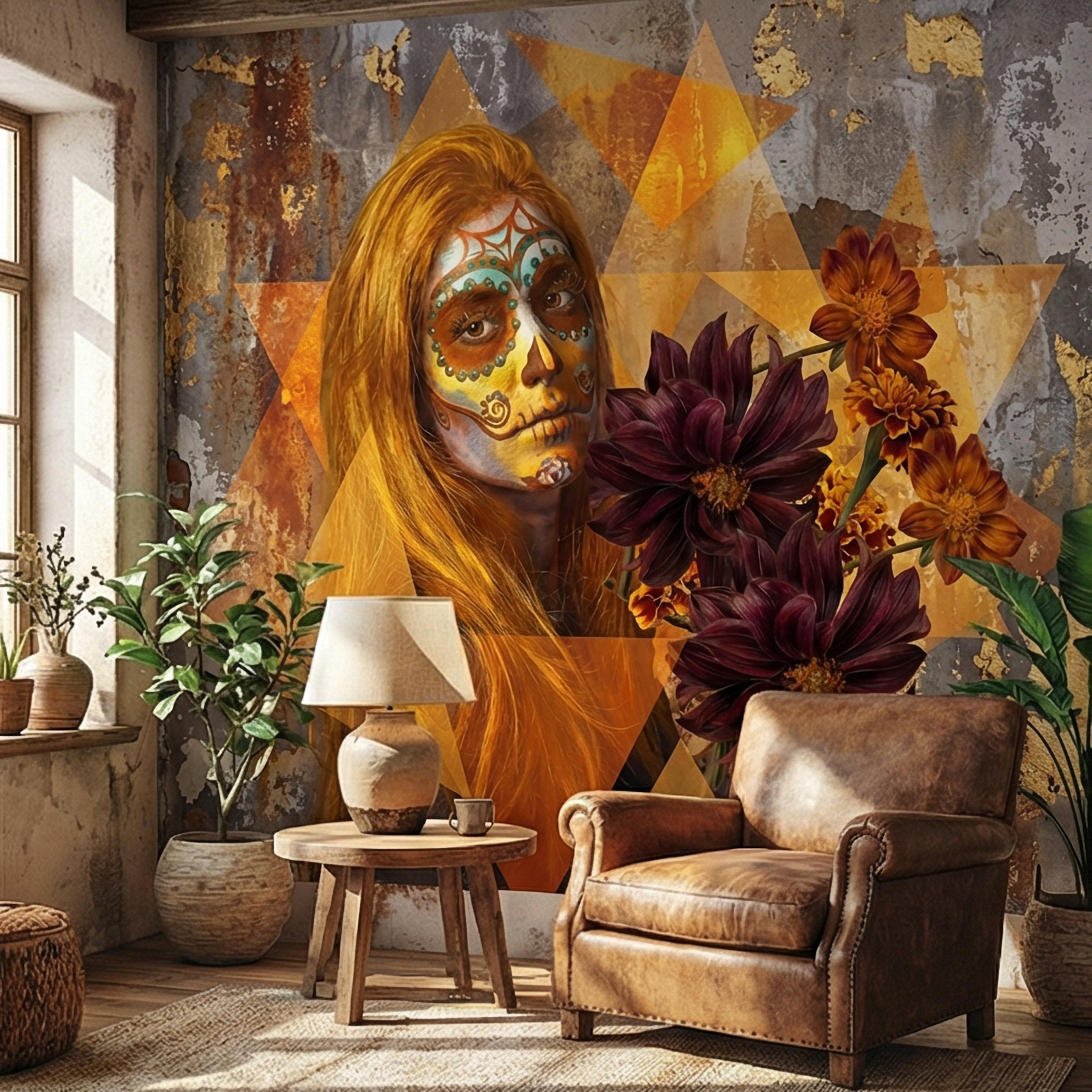 Sugar Skull Woman Peel and Stick Wall Mural, Day of the Dead Portrait, Mexican Marigold Flowers, Distressed Gold Foil Geometric Wallpaper