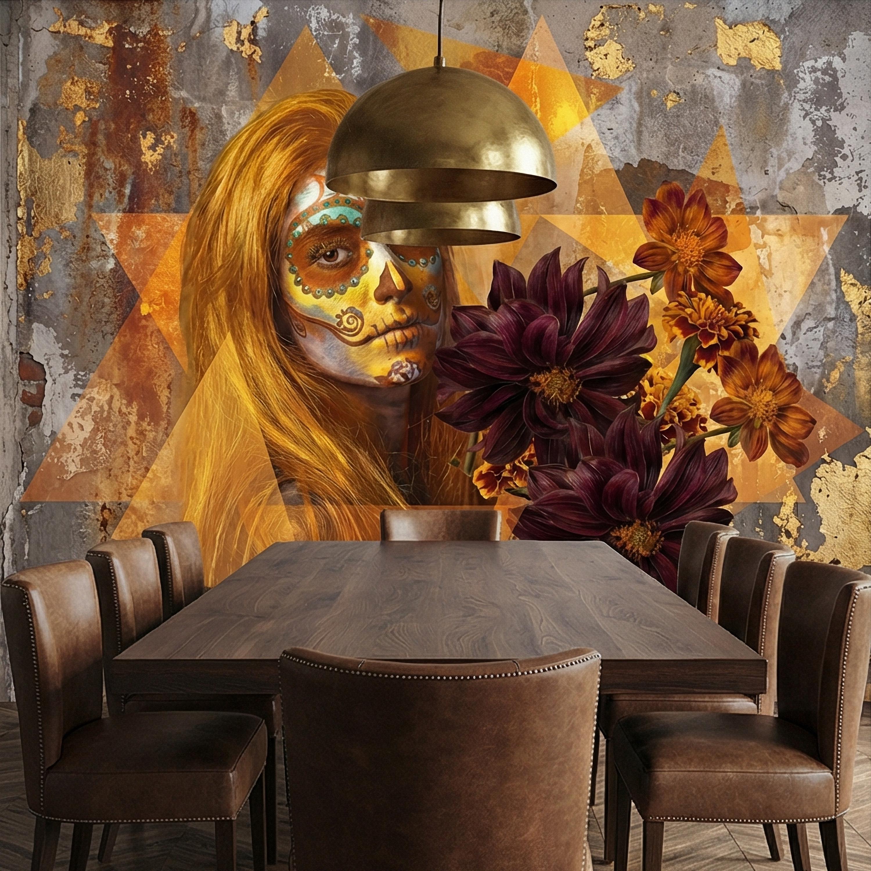 Sugar Skull Woman Peel and Stick Wall Mural, Day of the Dead Portrait, Mexican Marigold Flowers, Distressed Gold Foil Geometric Wallpaper
