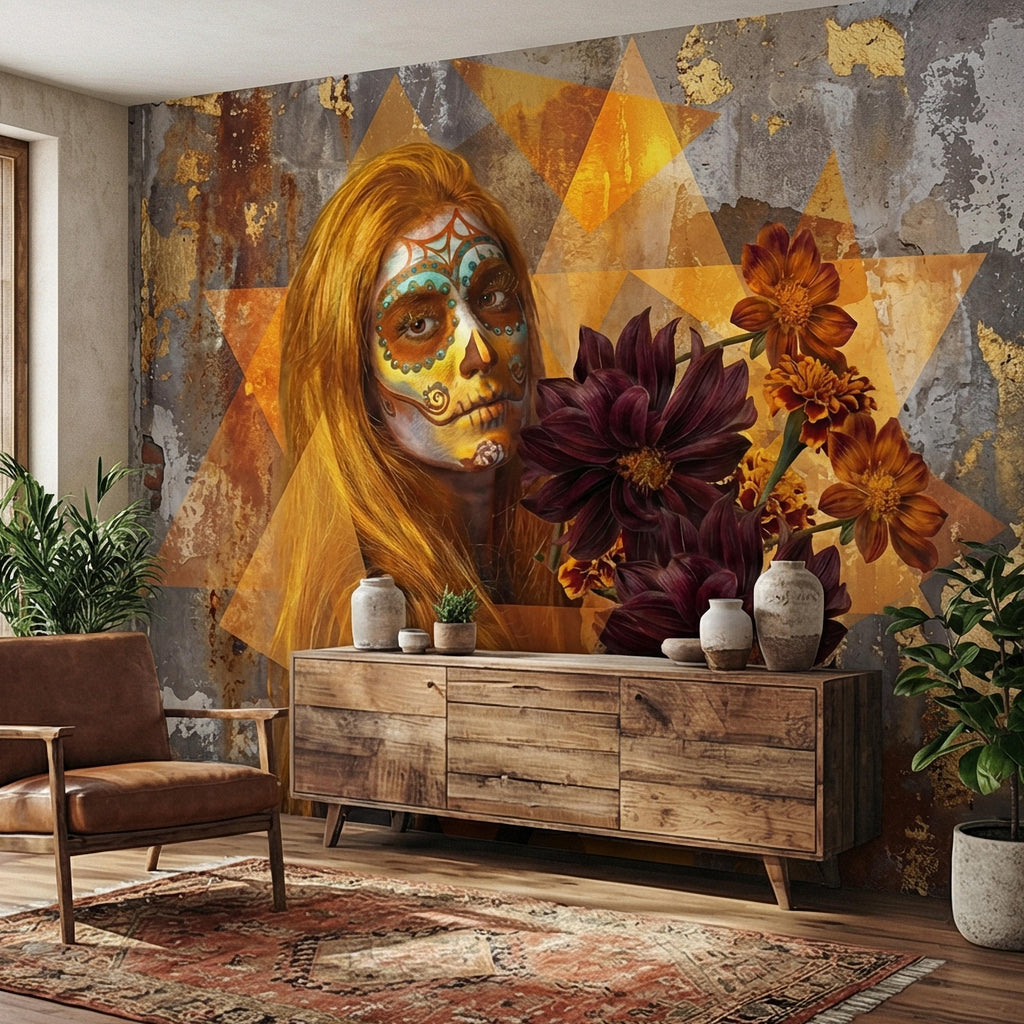 Sugar Skull Woman Peel and Stick Wall Mural, Day of the Dead Portrait, Mexican Marigold Flowers, Distressed Gold Foil Geometric Wallpaper