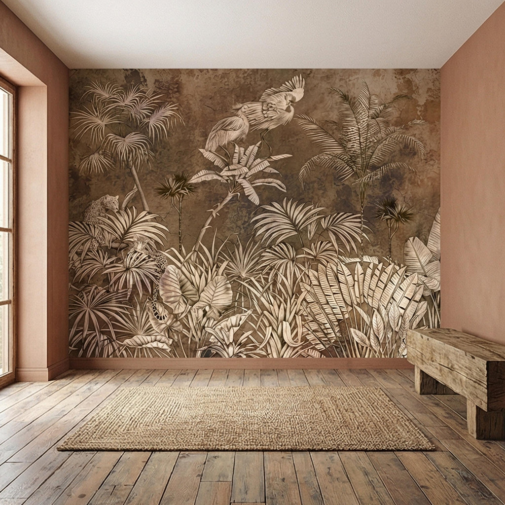 Vintage Safari Jungle Peel and Stick Wall Mural, Sepia Tropical Palm Leopards and Cranes, Monochrome Botanical Landscape Wallpaper