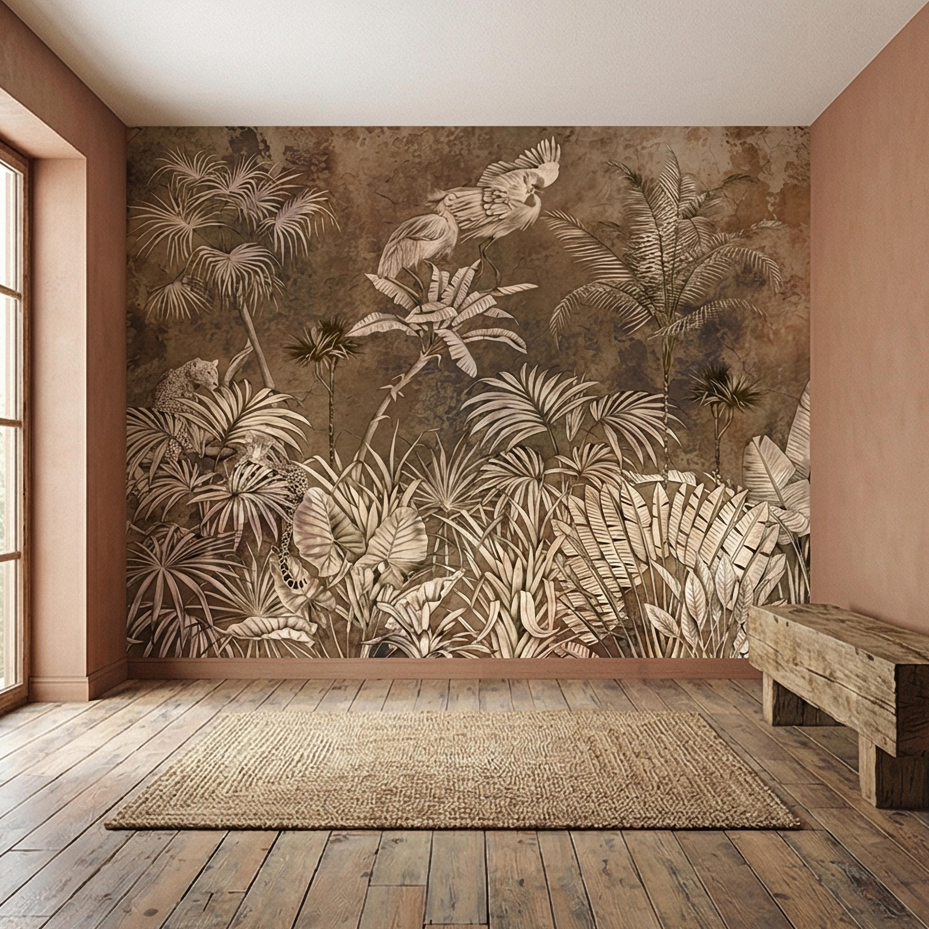 Vintage Safari Jungle Peel and Stick Wall Mural, Sepia Tropical Palm Leopards and Cranes, Monochrome Botanical Landscape Wallpaper