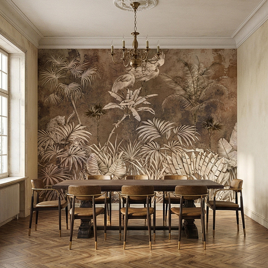 Vintage Safari Jungle Peel and Stick Wall Mural, Sepia Tropical Palm Leopards and Cranes, Monochrome Botanical Landscape Wallpaper