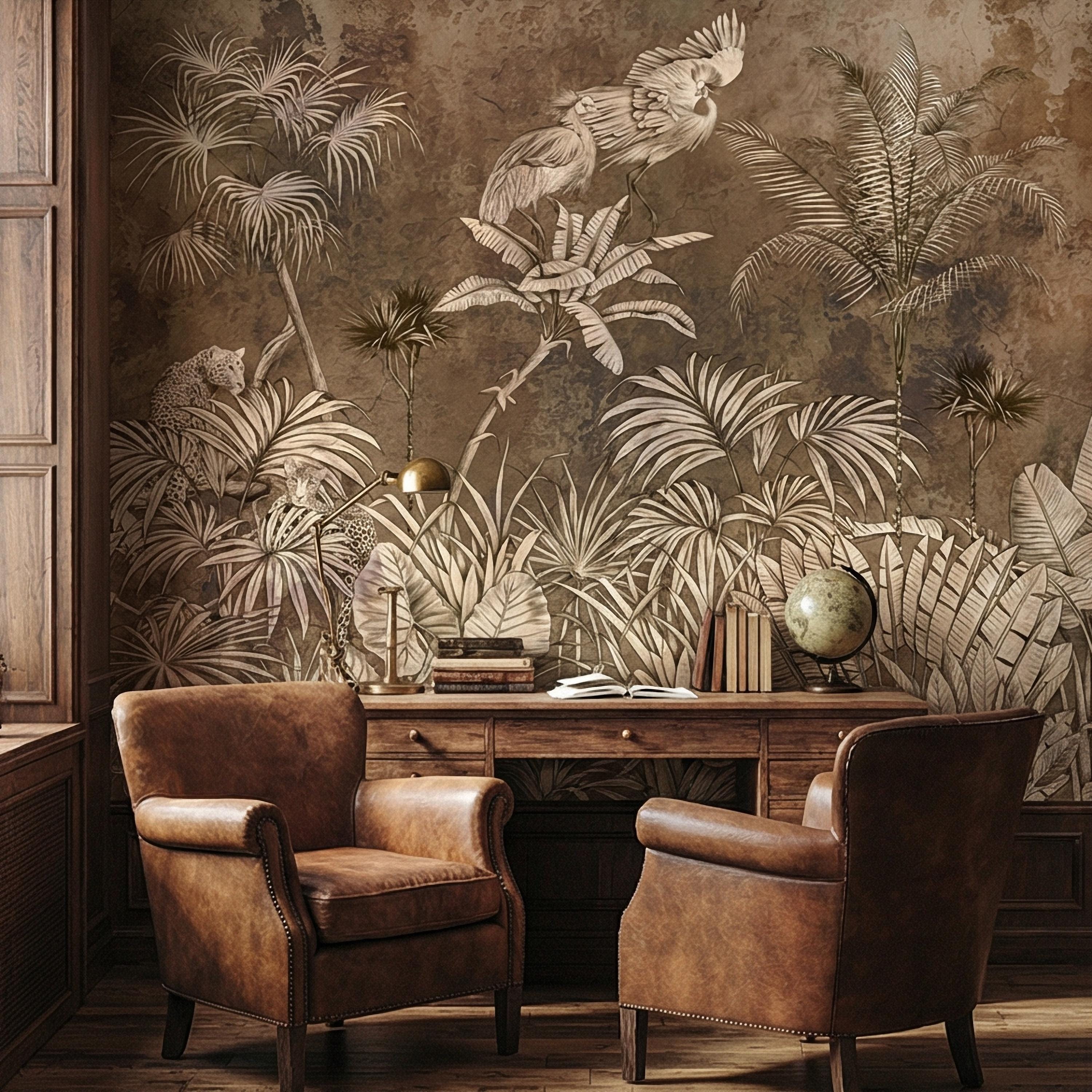 Vintage Safari Jungle Peel and Stick Wall Mural, Sepia Tropical Palm Leopards and Cranes, Monochrome Botanical Landscape Wallpaper