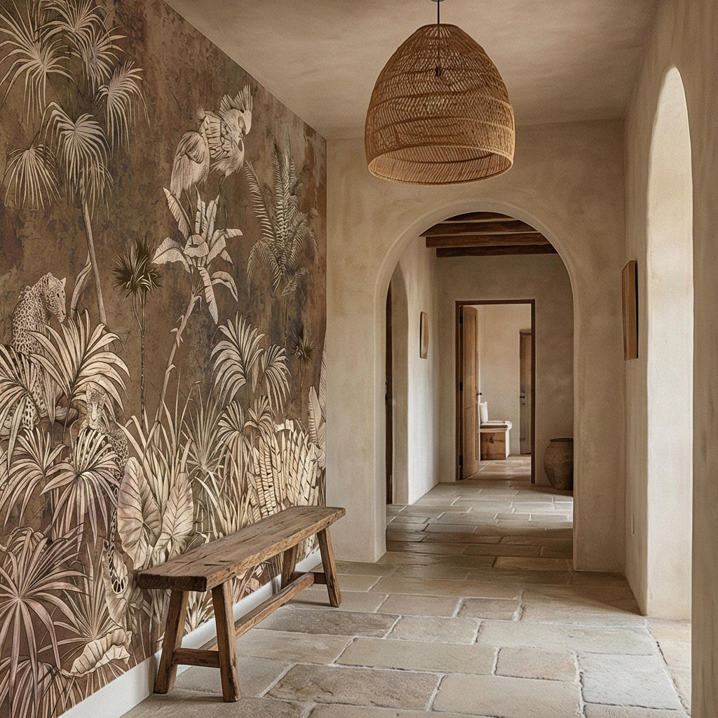 Vintage Safari Jungle Peel and Stick Wall Mural, Sepia Tropical Palm Leopards and Cranes, Monochrome Botanical Landscape Wallpaper