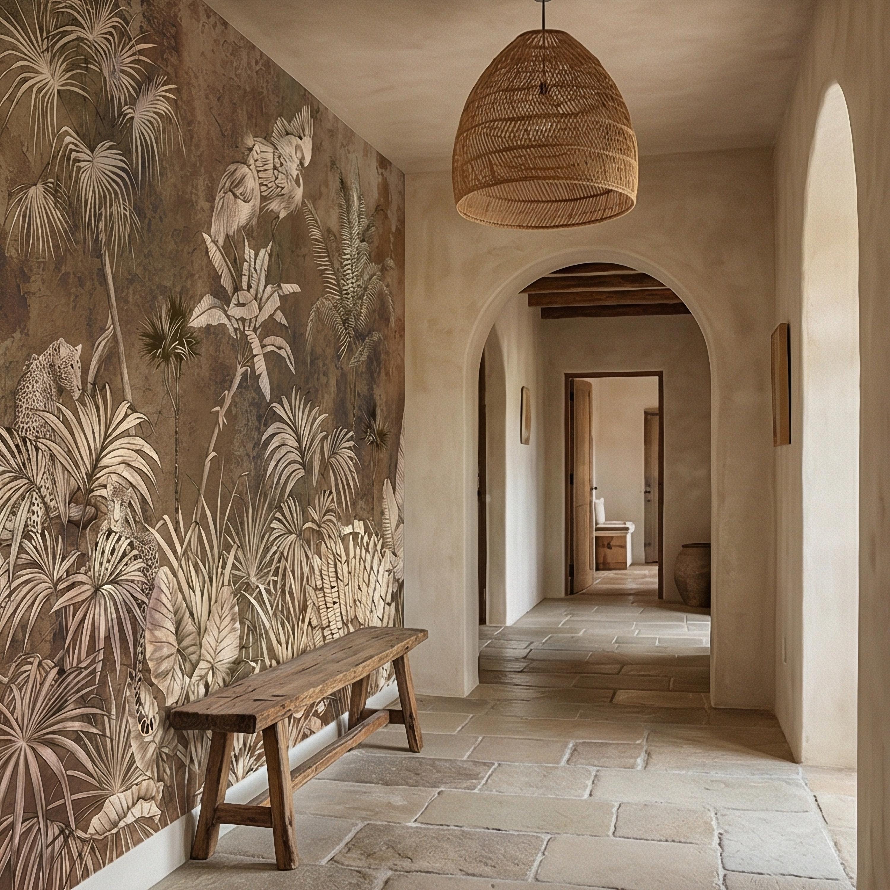 Vintage Safari Jungle Peel and Stick Wall Mural, Sepia Tropical Palm Leopards and Cranes, Monochrome Botanical Landscape Wallpaper