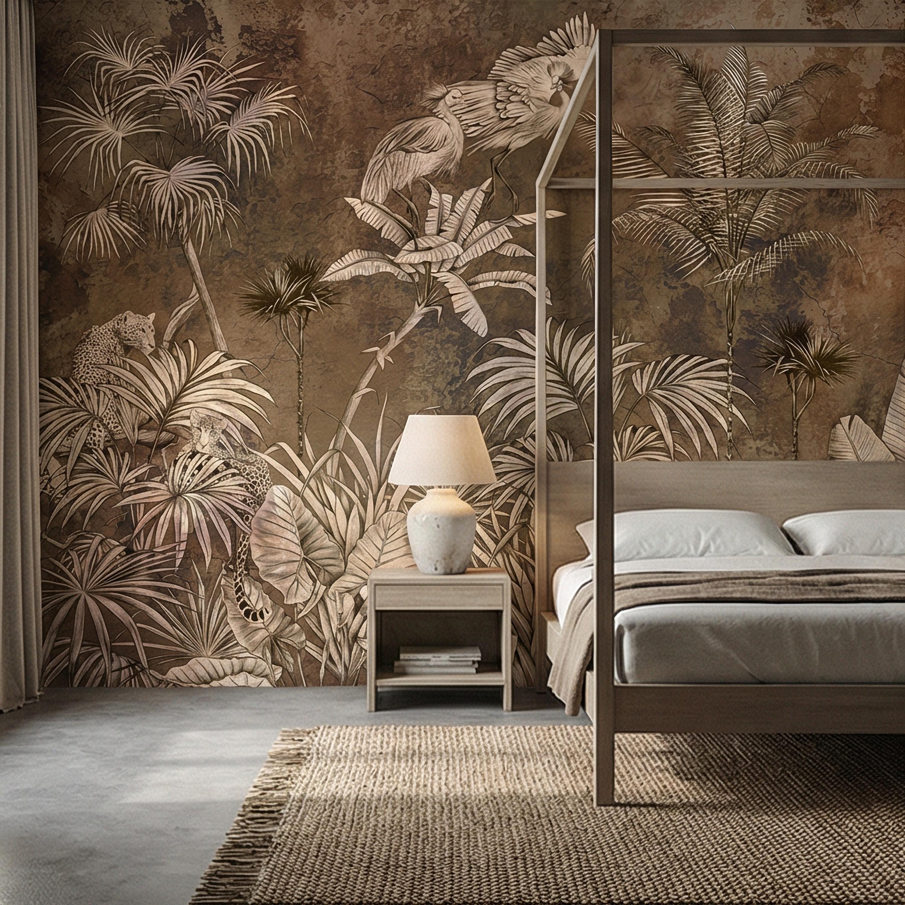 Vintage Safari Jungle Peel and Stick Wall Mural, Sepia Tropical Palm Leopards and Cranes, Monochrome Botanical Landscape Wallpaper