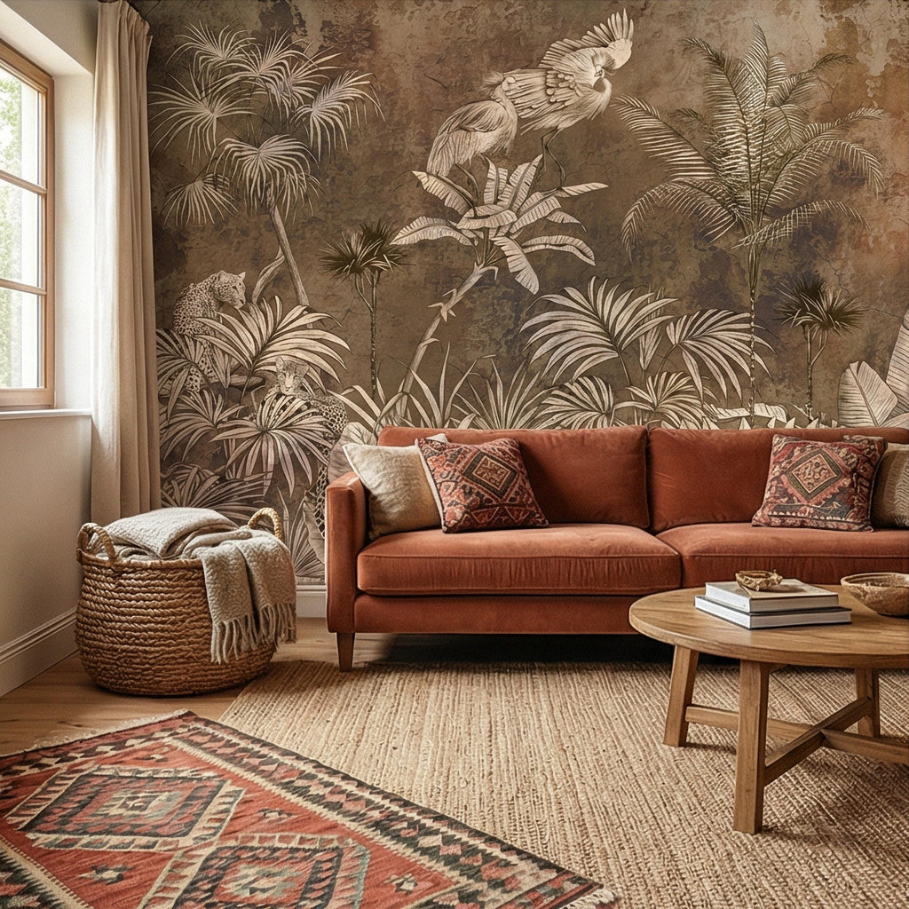 Vintage Safari Jungle Peel and Stick Wall Mural, Sepia Tropical Palm Leopards and Cranes, Monochrome Botanical Landscape Wallpaper