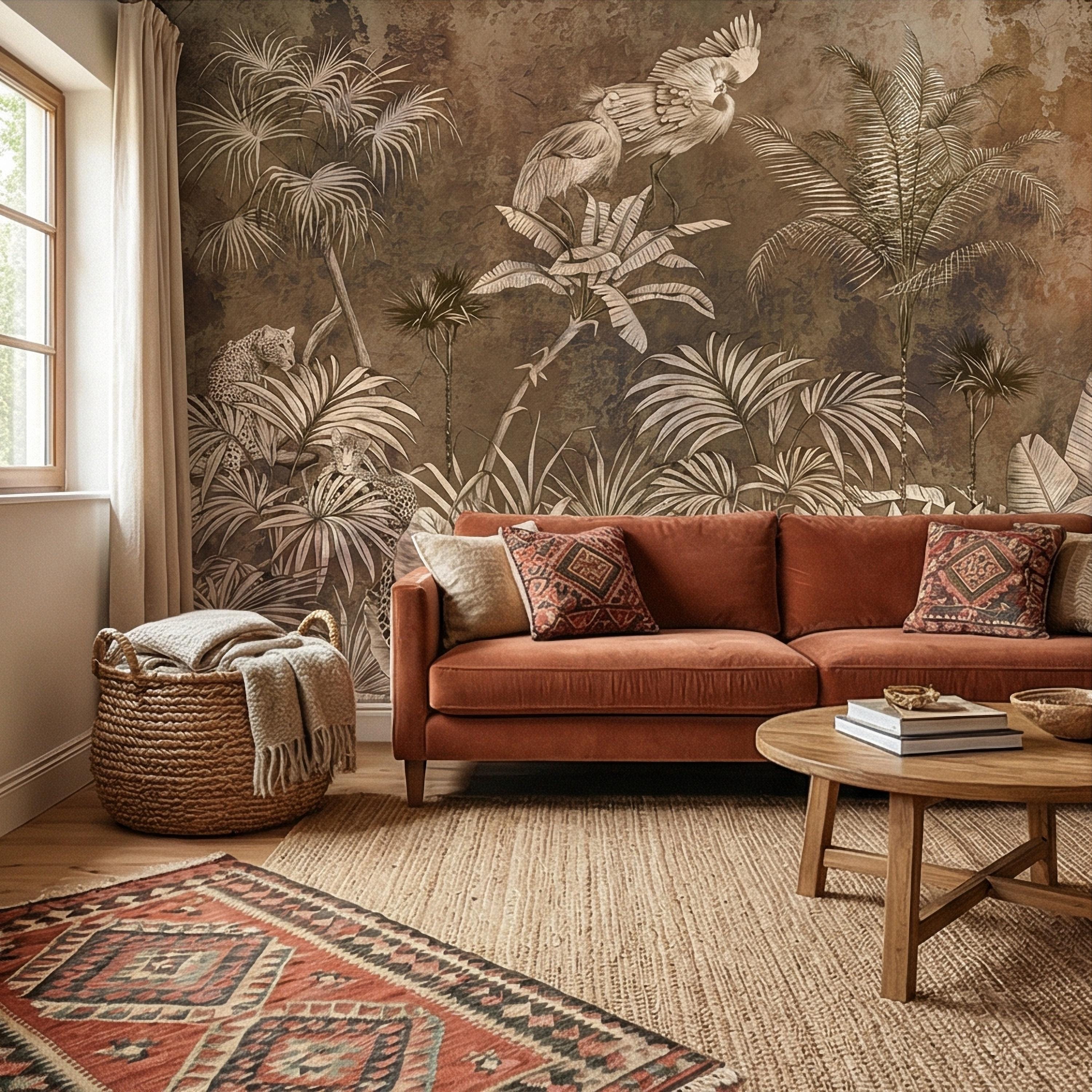 Vintage Safari Jungle Peel and Stick Wall Mural, Sepia Tropical Palm Leopards and Cranes, Monochrome Botanical Landscape Wallpaper