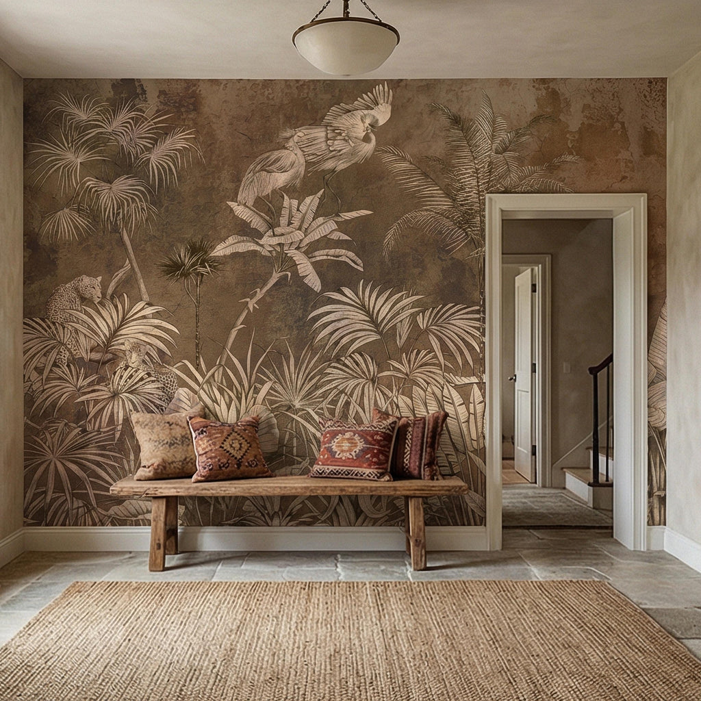 Vintage Safari Jungle Peel and Stick Wall Mural, Sepia Tropical Palm Leopards and Cranes, Monochrome Botanical Landscape Wallpaper