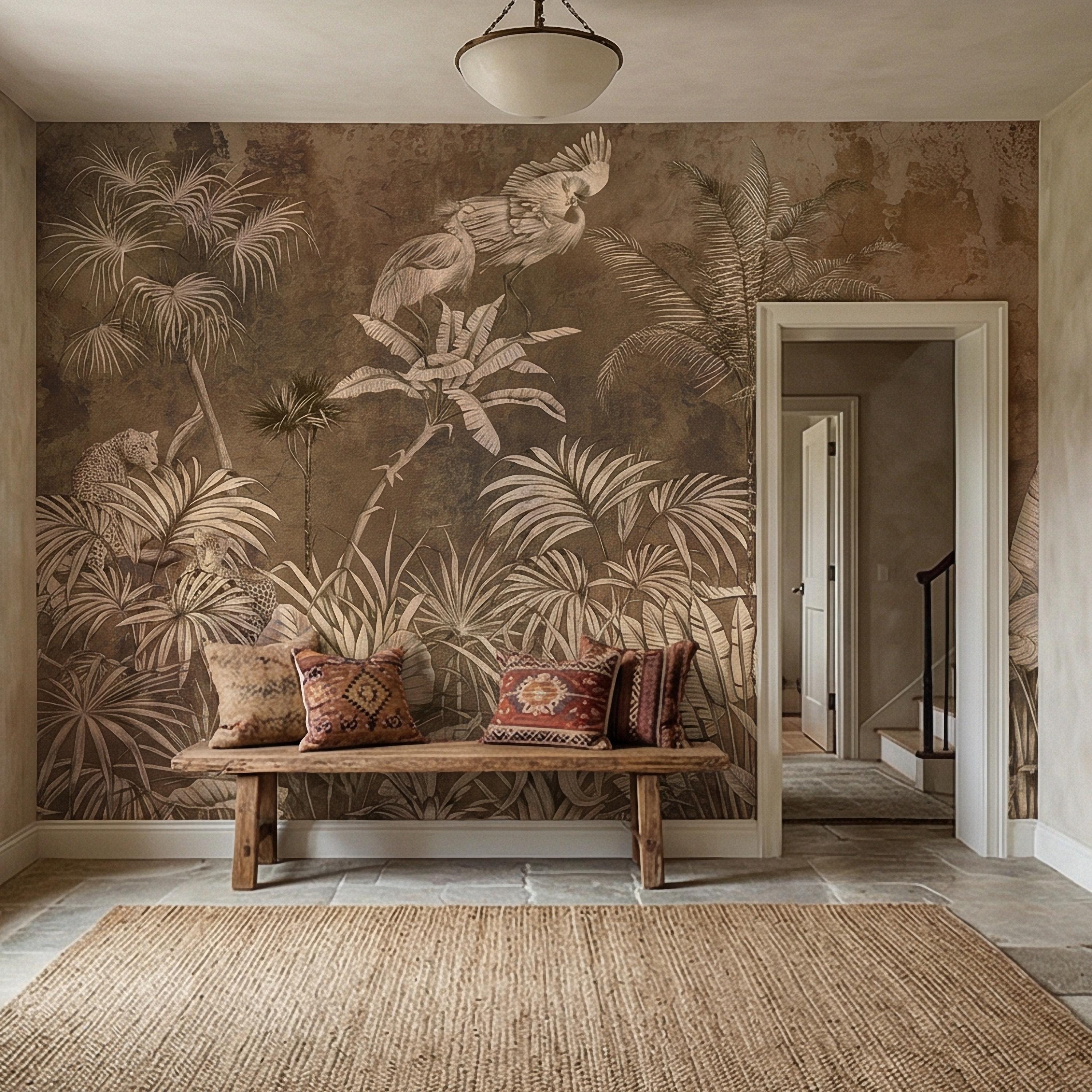 Vintage Safari Jungle Peel and Stick Wall Mural, Sepia Tropical Palm Leopards and Cranes, Monochrome Botanical Landscape Wallpaper