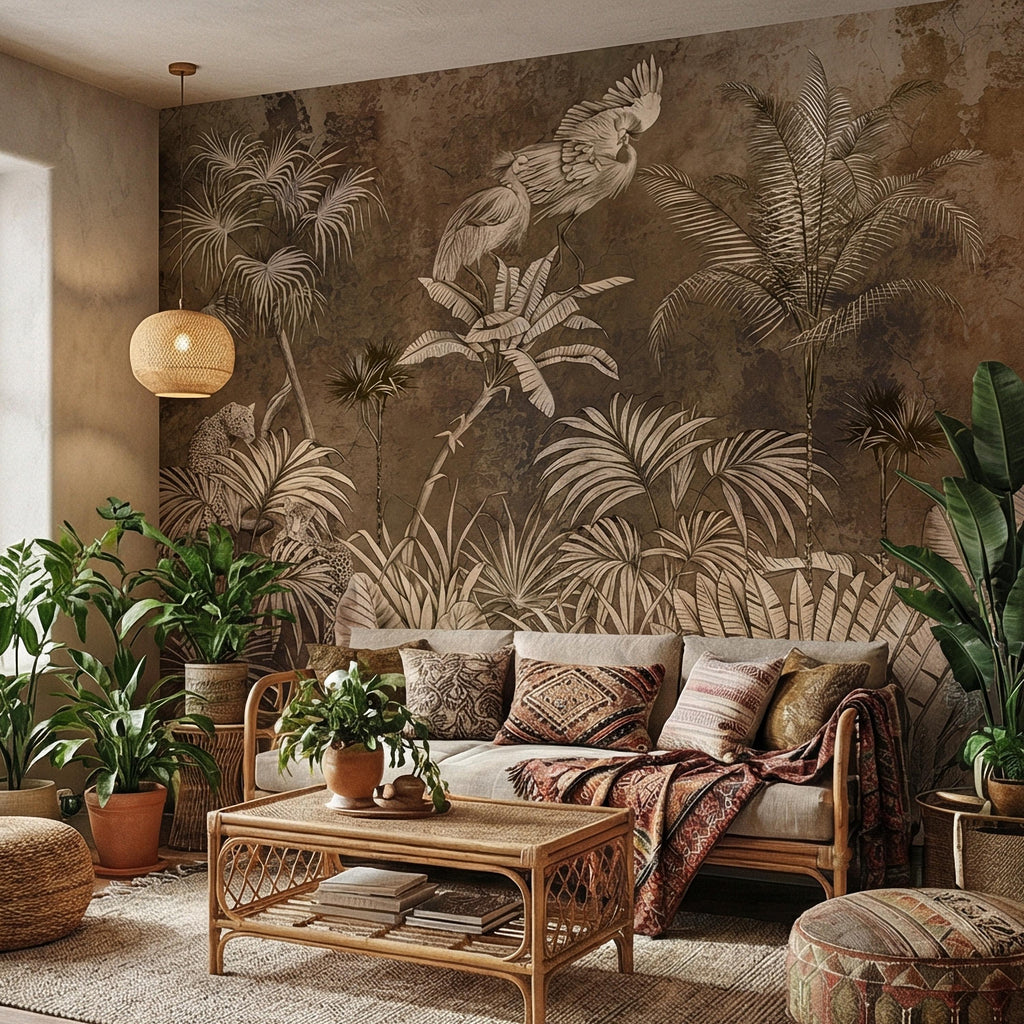 Vintage Safari Jungle Peel and Stick Wall Mural, Sepia Tropical Palm Leopards and Cranes, Monochrome Botanical Landscape Wallpaper