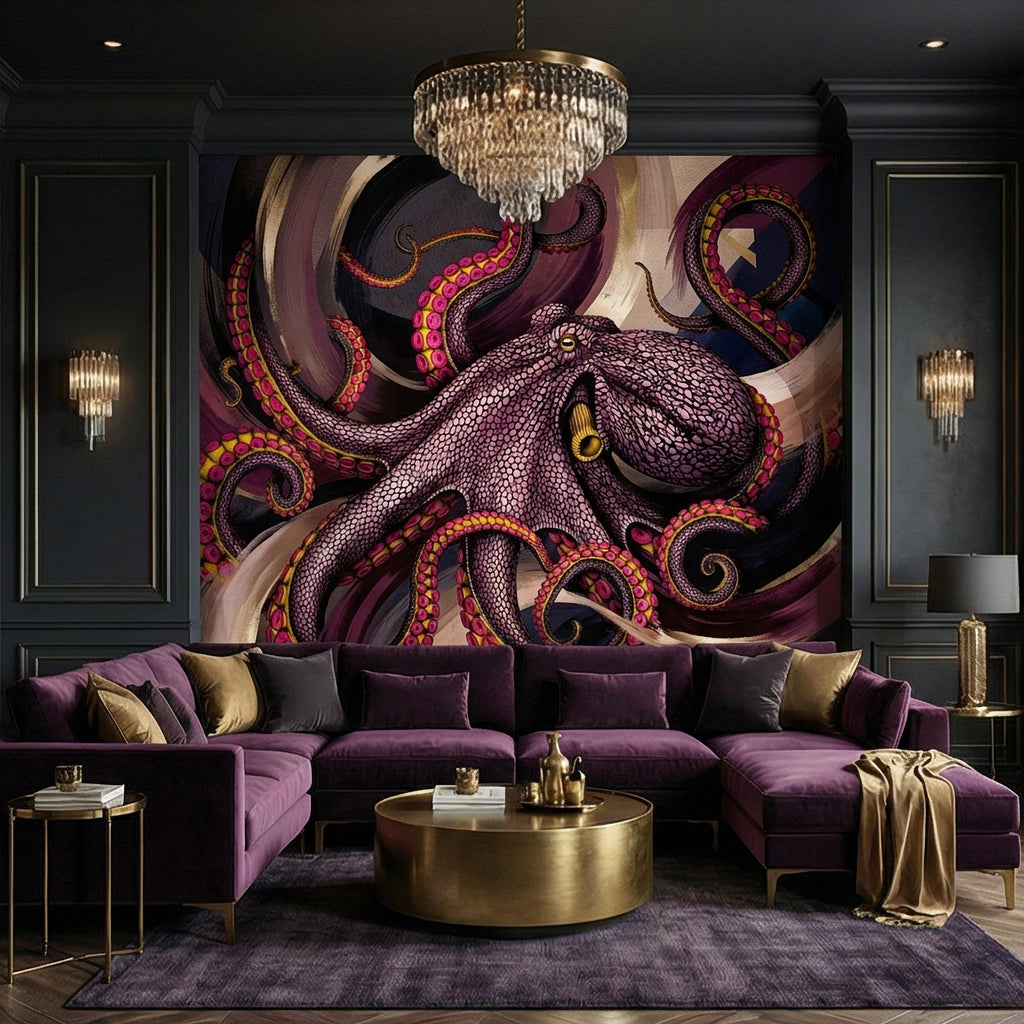 Giant Octopus Peel and Stick Wall Mural, Bold Purple Tentacles, Deep Sea Creature, Moody Nautical Abstract Wallpaper