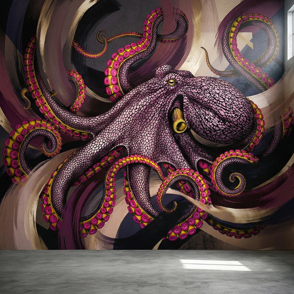 Giant Octopus Peel and Stick Wall Mural, Bold Purple Tentacles, Deep Sea Creature, Moody Nautical Abstract Wallpaper