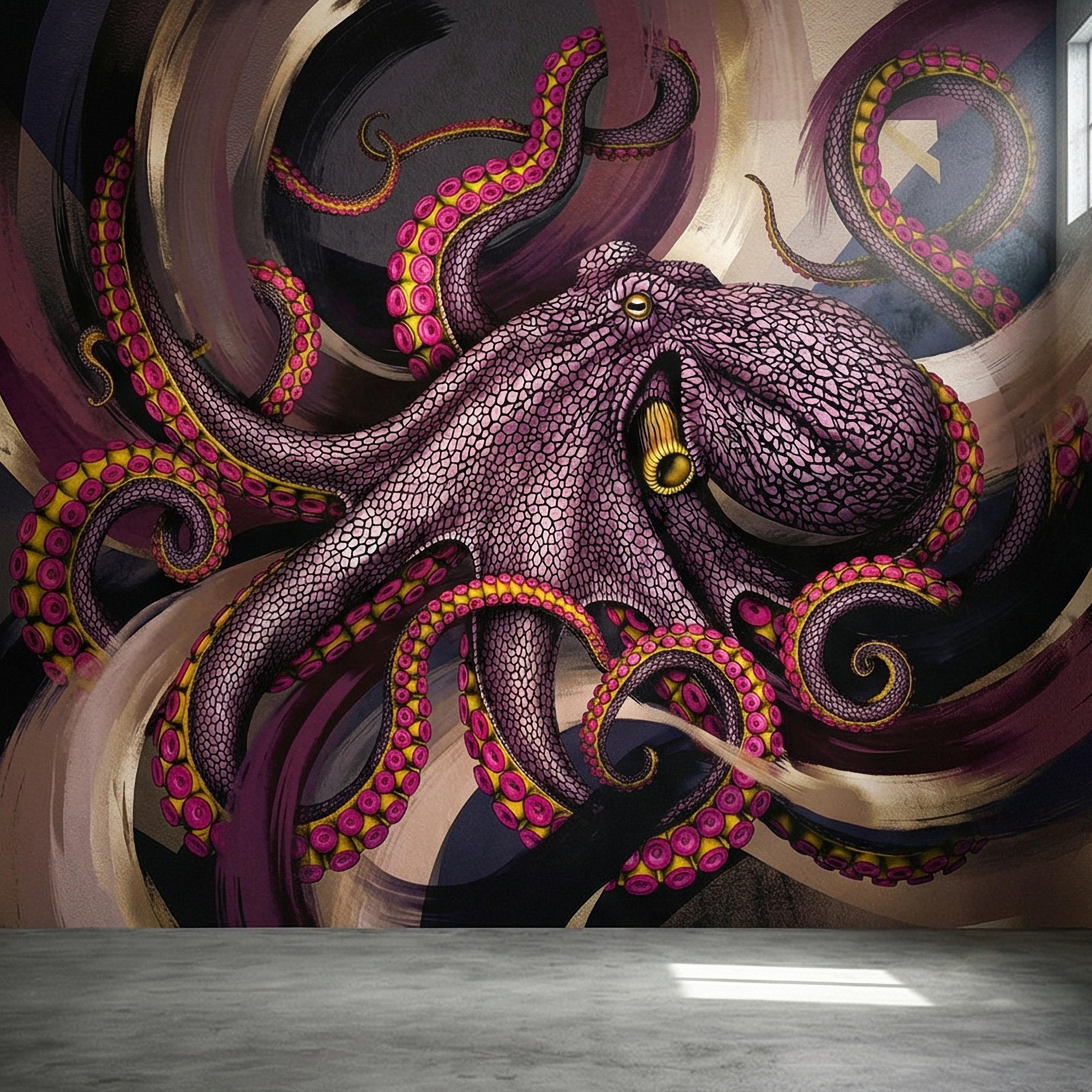 Giant Octopus Peel and Stick Wall Mural, Bold Purple Tentacles, Deep Sea Creature, Moody Nautical Abstract Wallpaper