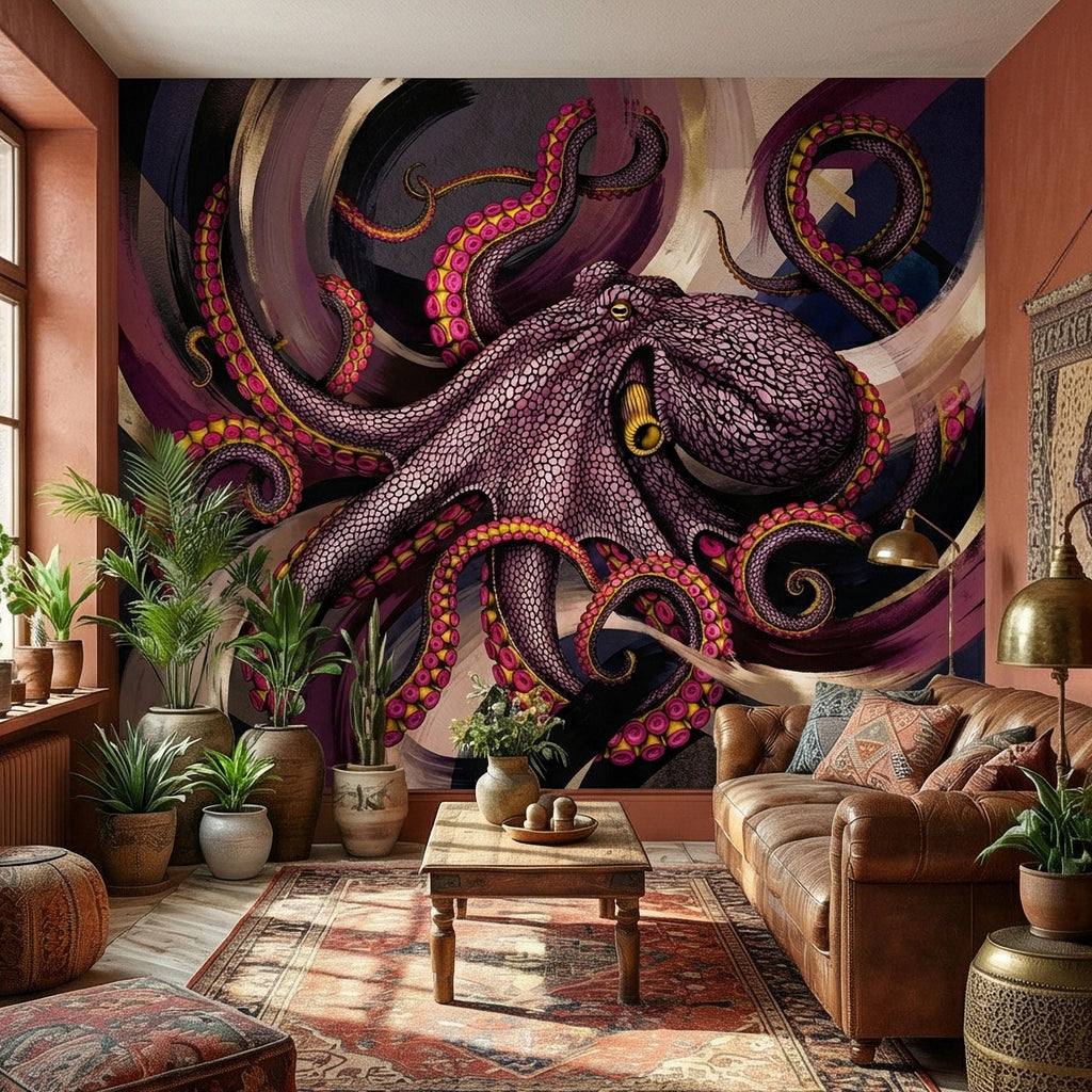 Giant Octopus Peel and Stick Wall Mural, Bold Purple Tentacles, Deep Sea Creature, Moody Nautical Abstract Wallpaper