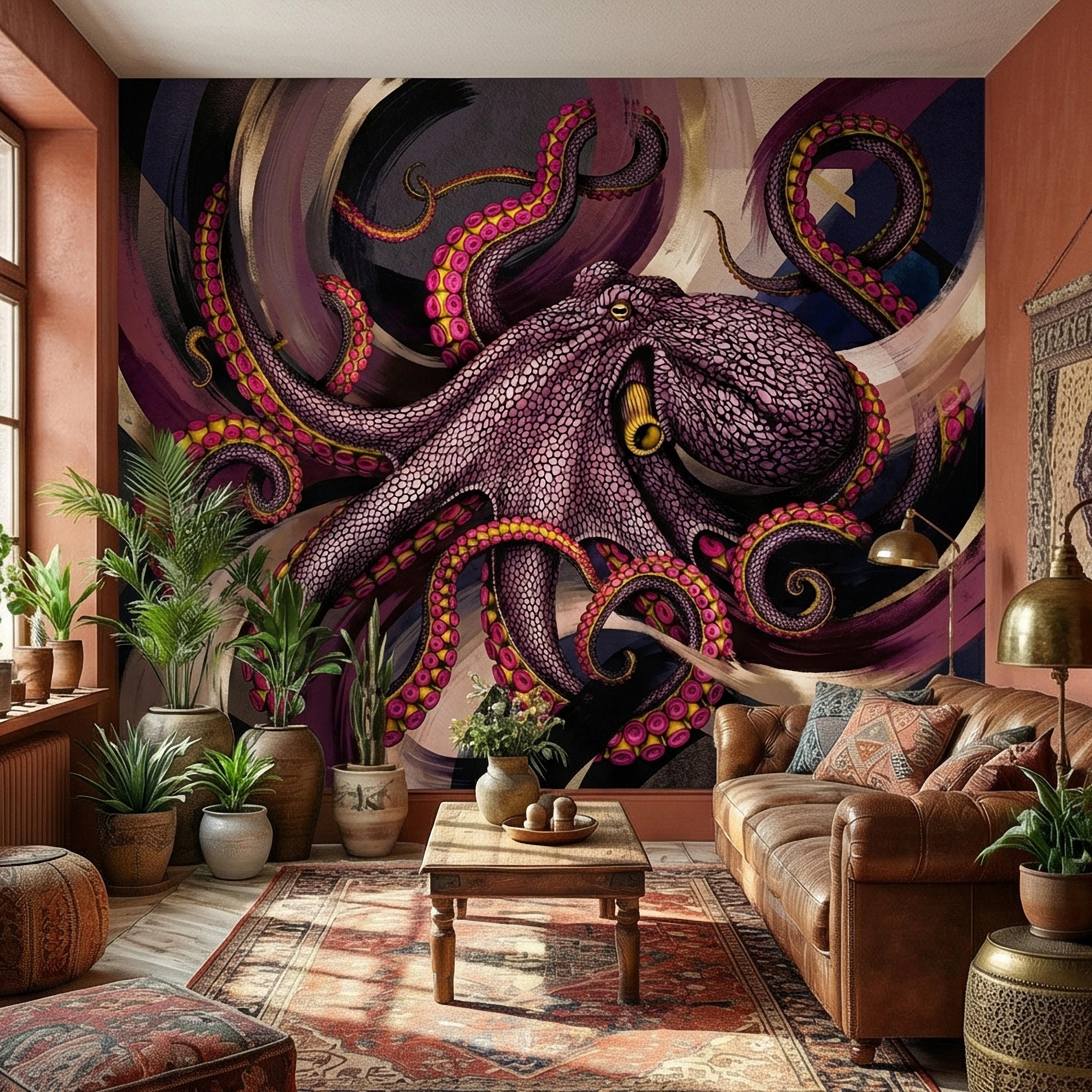Giant Octopus Peel and Stick Wall Mural, Bold Purple Tentacles, Deep Sea Creature, Moody Nautical Abstract Wallpaper