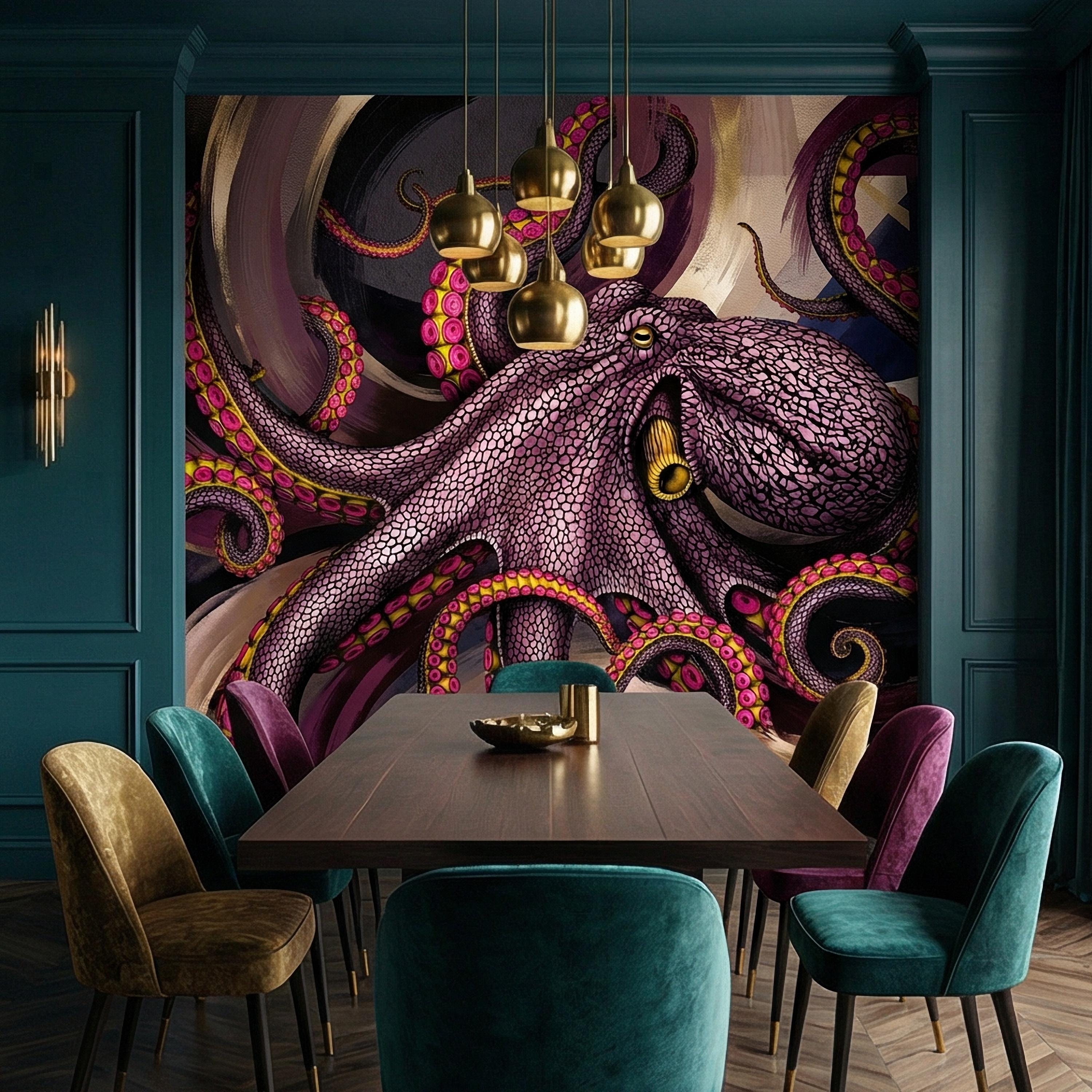 Giant Octopus Peel and Stick Wall Mural, Bold Purple Tentacles, Deep Sea Creature, Moody Nautical Abstract Wallpaper