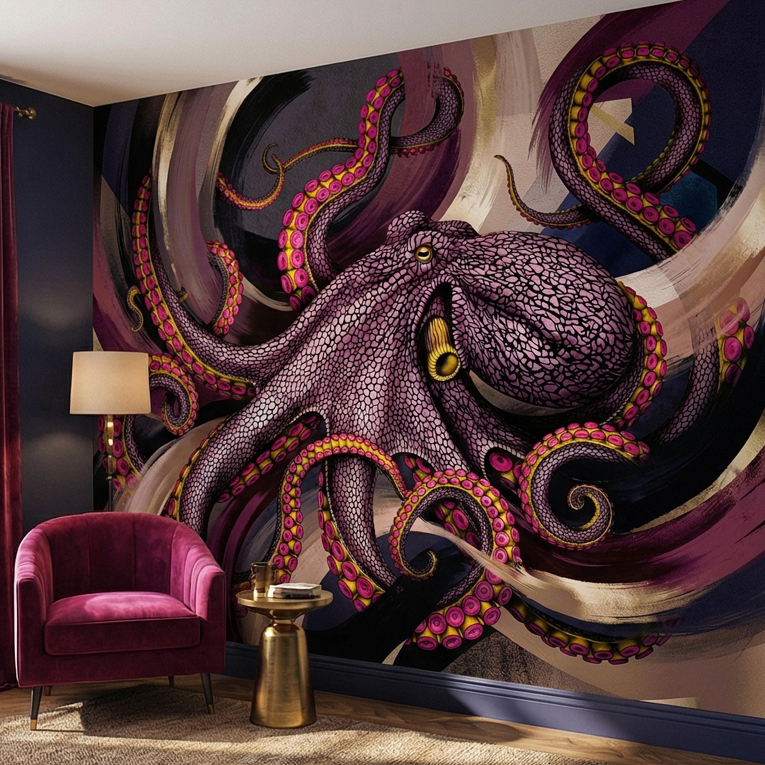 Giant Octopus Peel and Stick Wall Mural, Bold Purple Tentacles, Deep Sea Creature, Moody Nautical Abstract Wallpaper