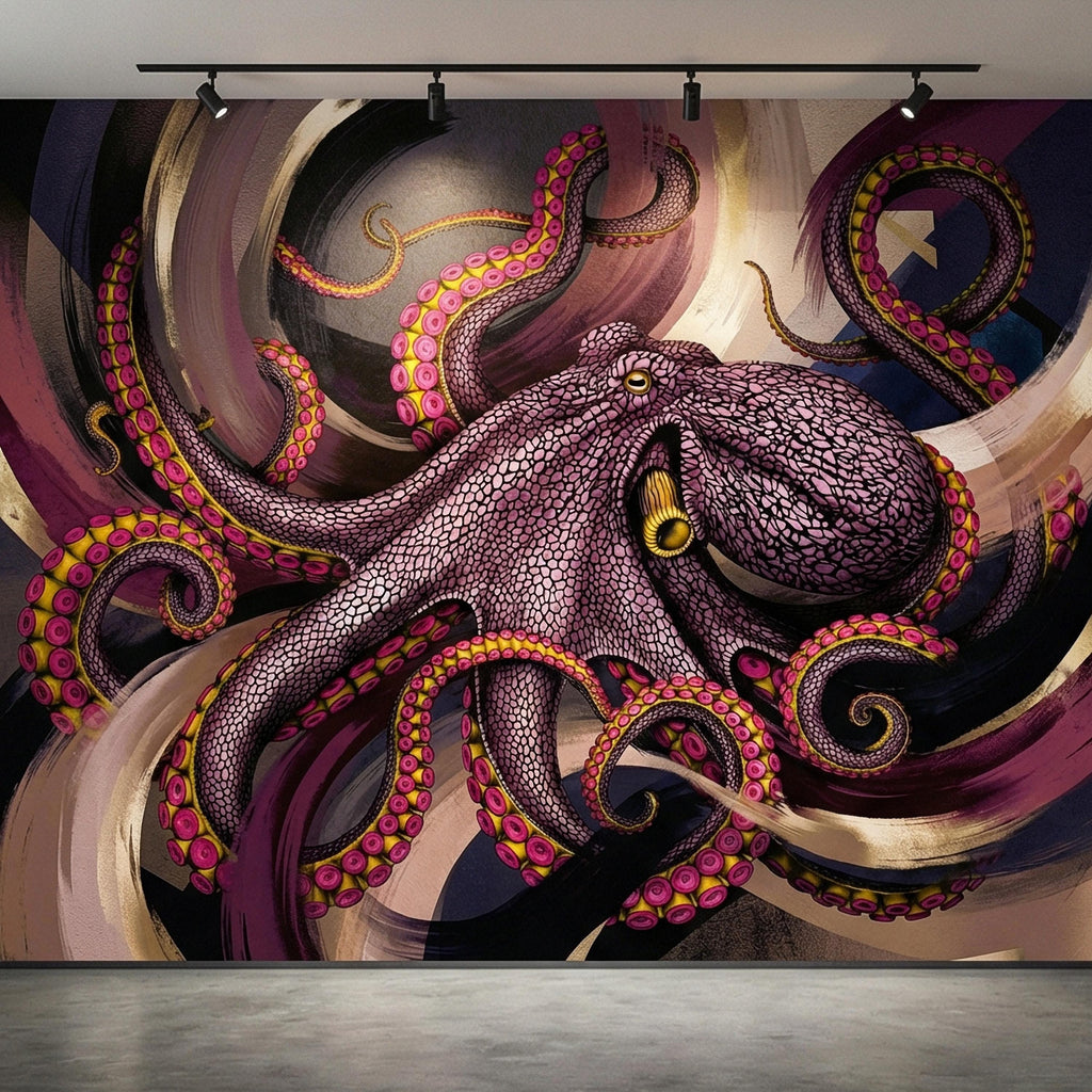 Giant Octopus Peel and Stick Wall Mural, Bold Purple Tentacles, Deep Sea Creature, Moody Nautical Abstract Wallpaper