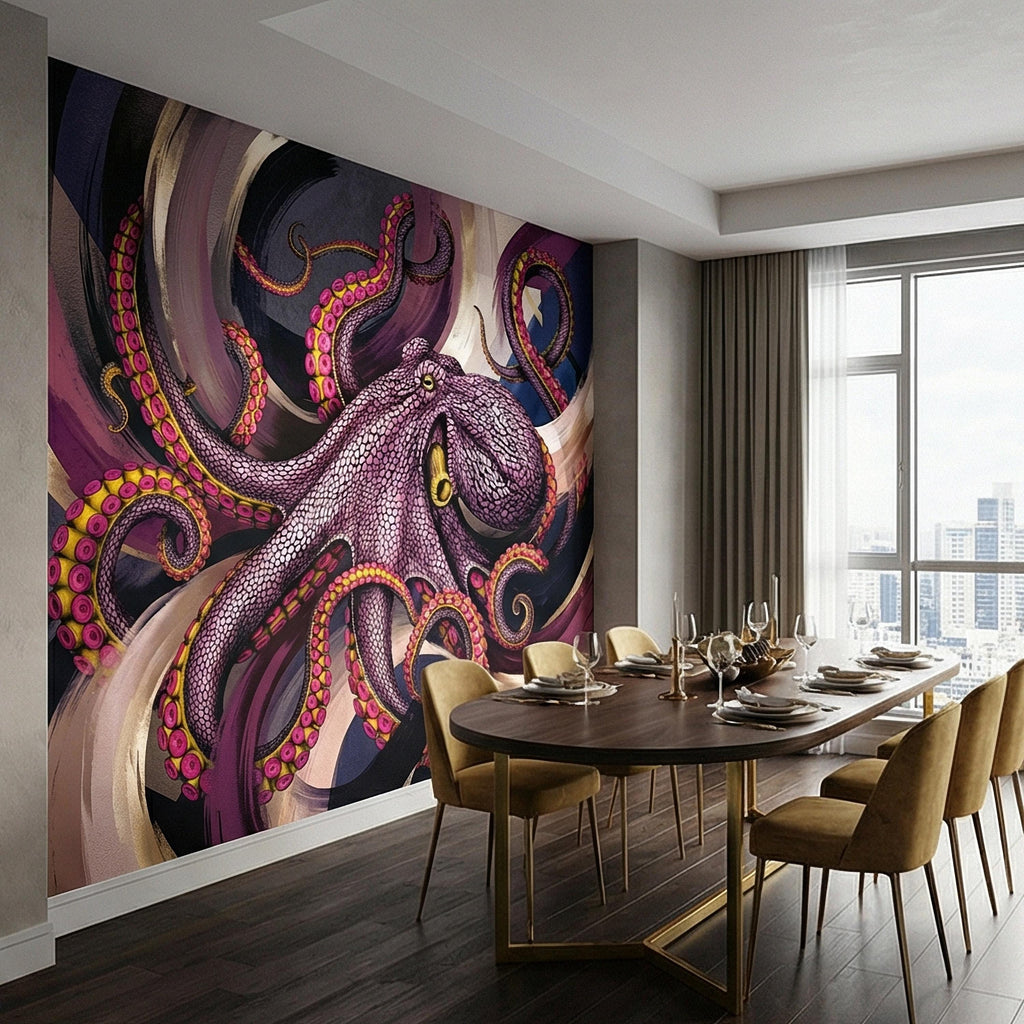 Giant Octopus Peel and Stick Wall Mural, Bold Purple Tentacles, Deep Sea Creature, Moody Nautical Abstract Wallpaper