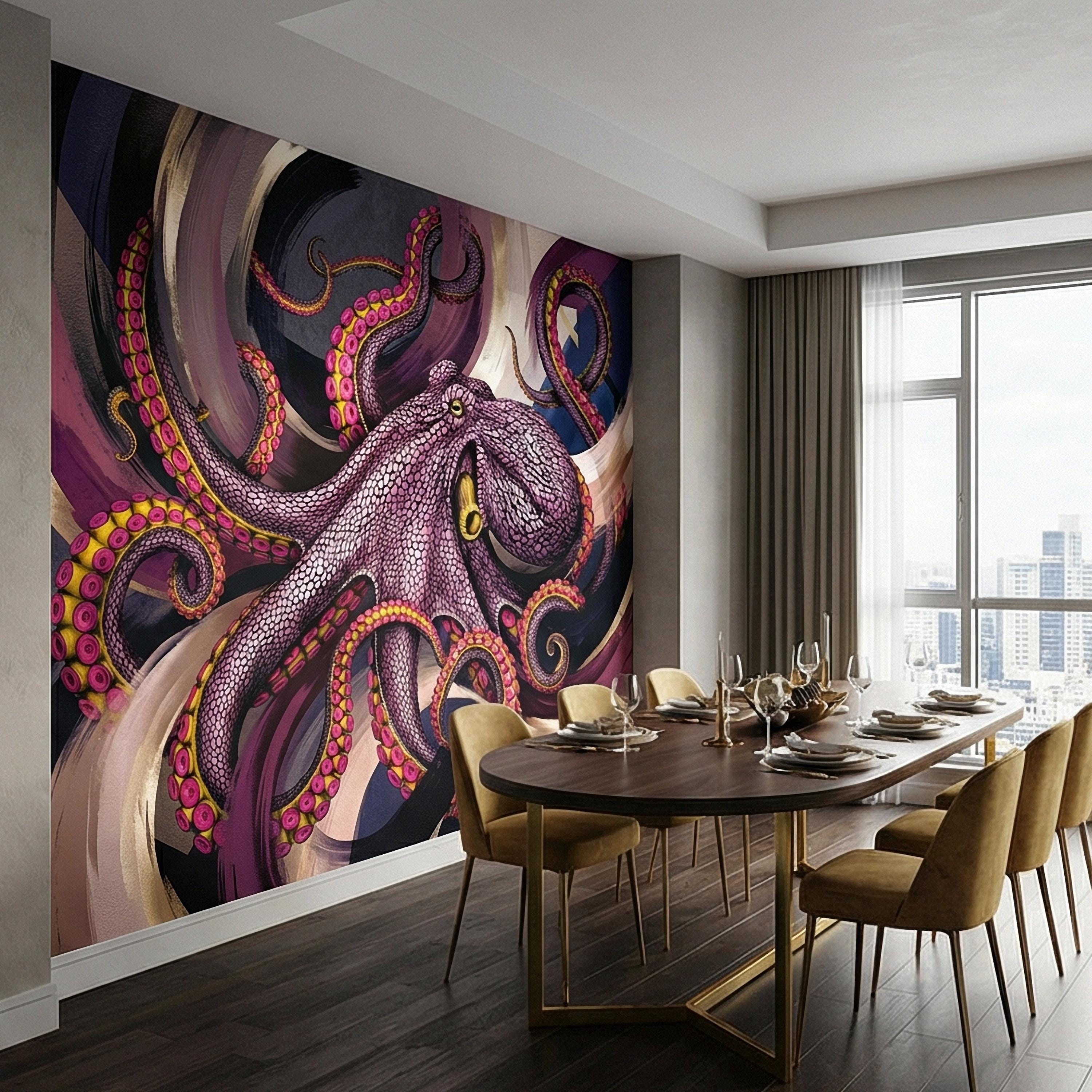 Giant Octopus Peel and Stick Wall Mural, Bold Purple Tentacles, Deep Sea Creature, Moody Nautical Abstract Wallpaper
