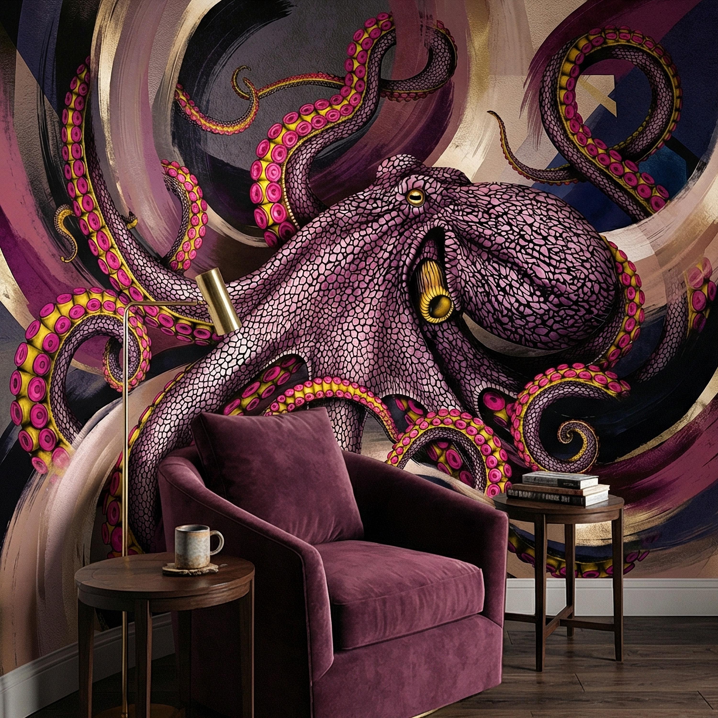 Giant Octopus Peel and Stick Wall Mural, Bold Purple Tentacles, Deep Sea Creature, Moody Nautical Abstract Wallpaper