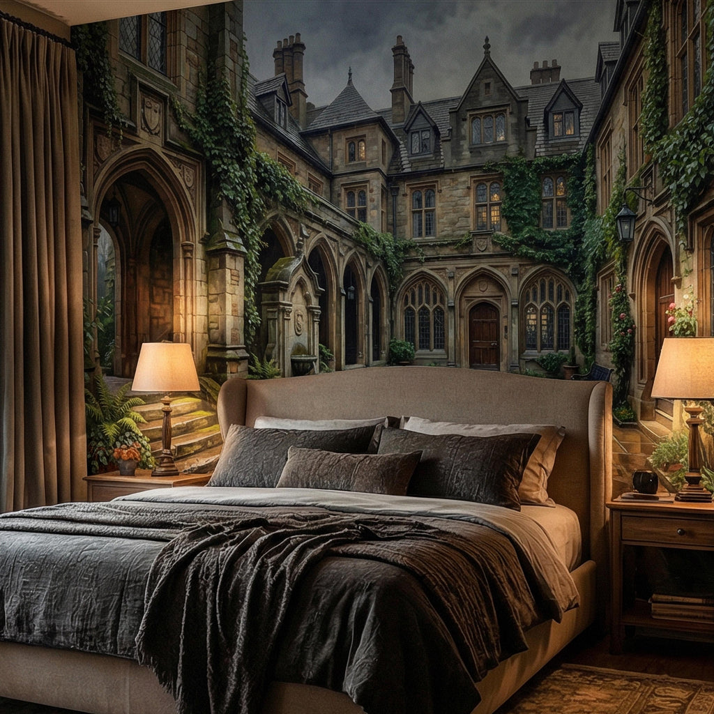 Gothic Courtyard Peel and Stick Wall Mural, Ivy Covered English Manor, Moody Dark Academia Castle, Rainy Old World Architecture Wallpaper