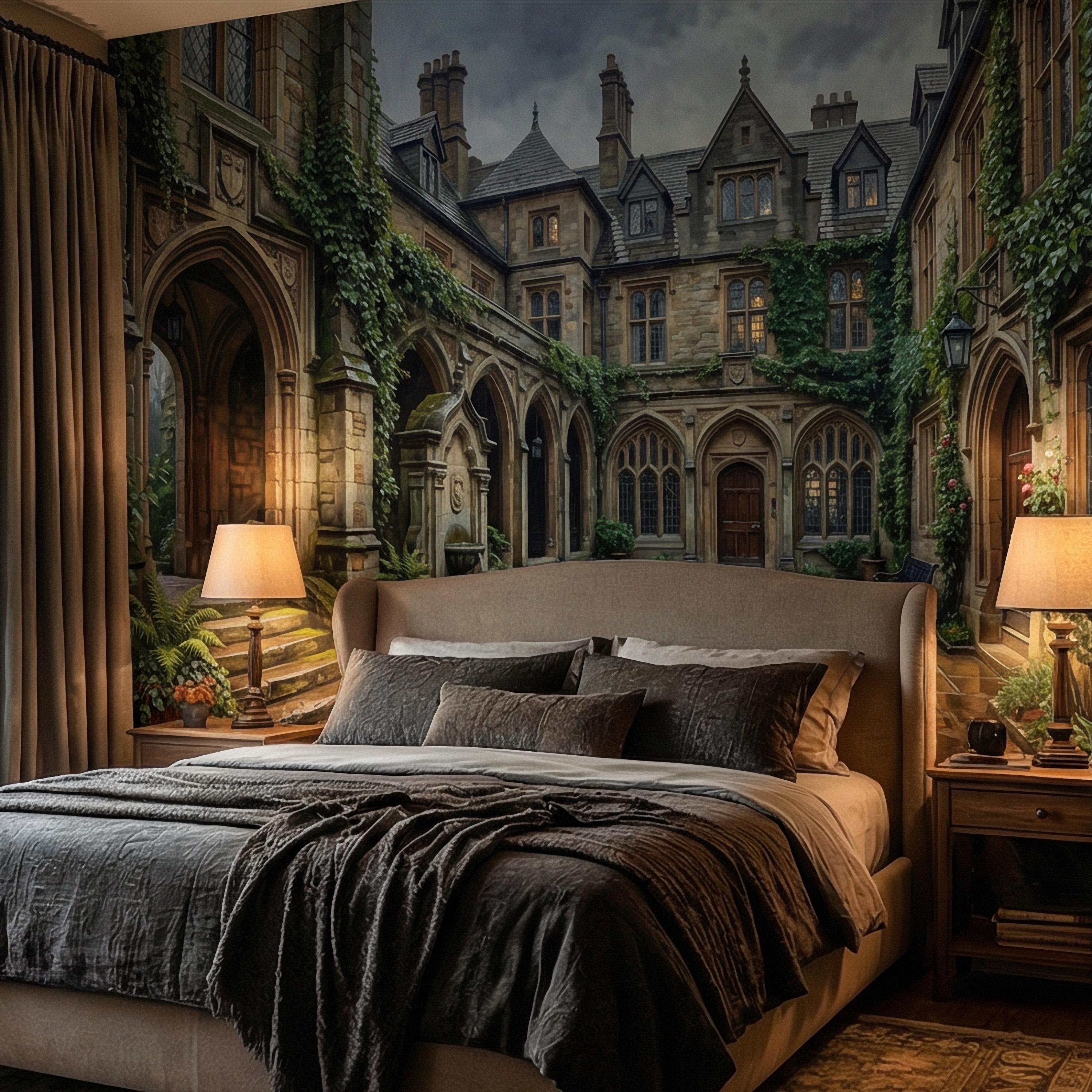 Gothic Courtyard Peel and Stick Wall Mural, Ivy Covered English Manor, Moody Dark Academia Castle, Rainy Old World Architecture Wallpaper