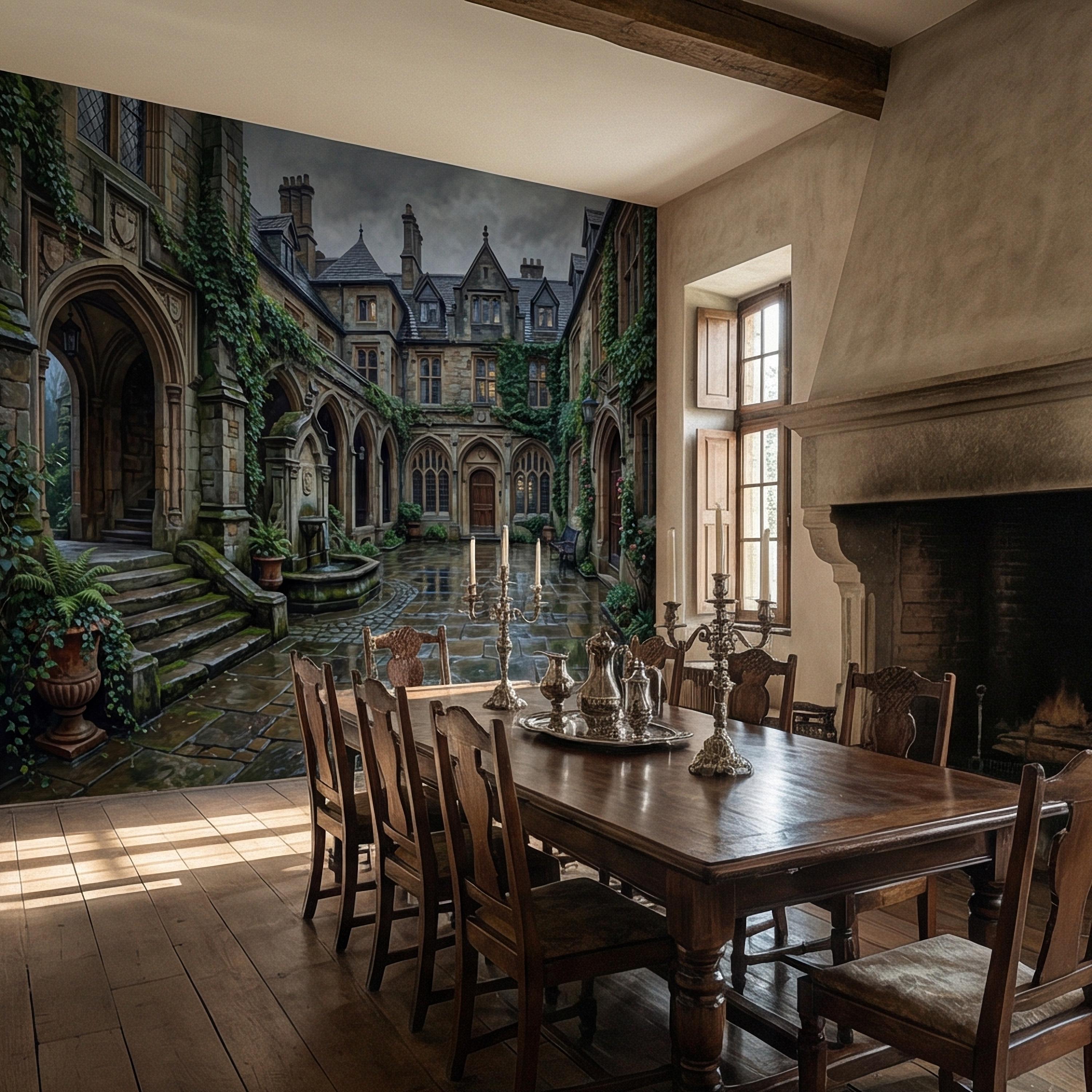 Gothic Courtyard Peel and Stick Wall Mural, Ivy Covered English Manor, Moody Dark Academia Castle, Rainy Old World Architecture Wallpaper