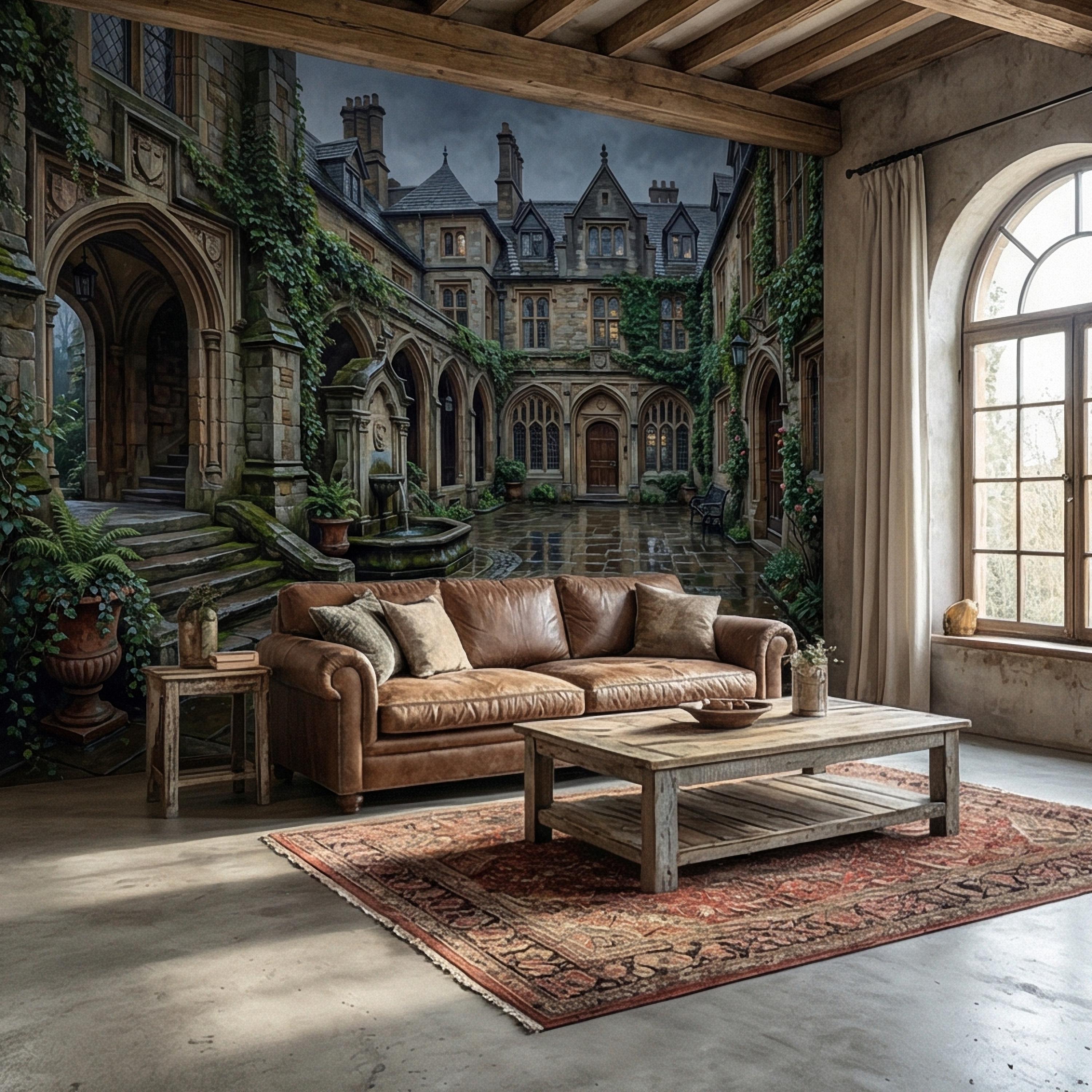 Gothic Courtyard Peel and Stick Wall Mural, Ivy Covered English Manor, Moody Dark Academia Castle, Rainy Old World Architecture Wallpaper