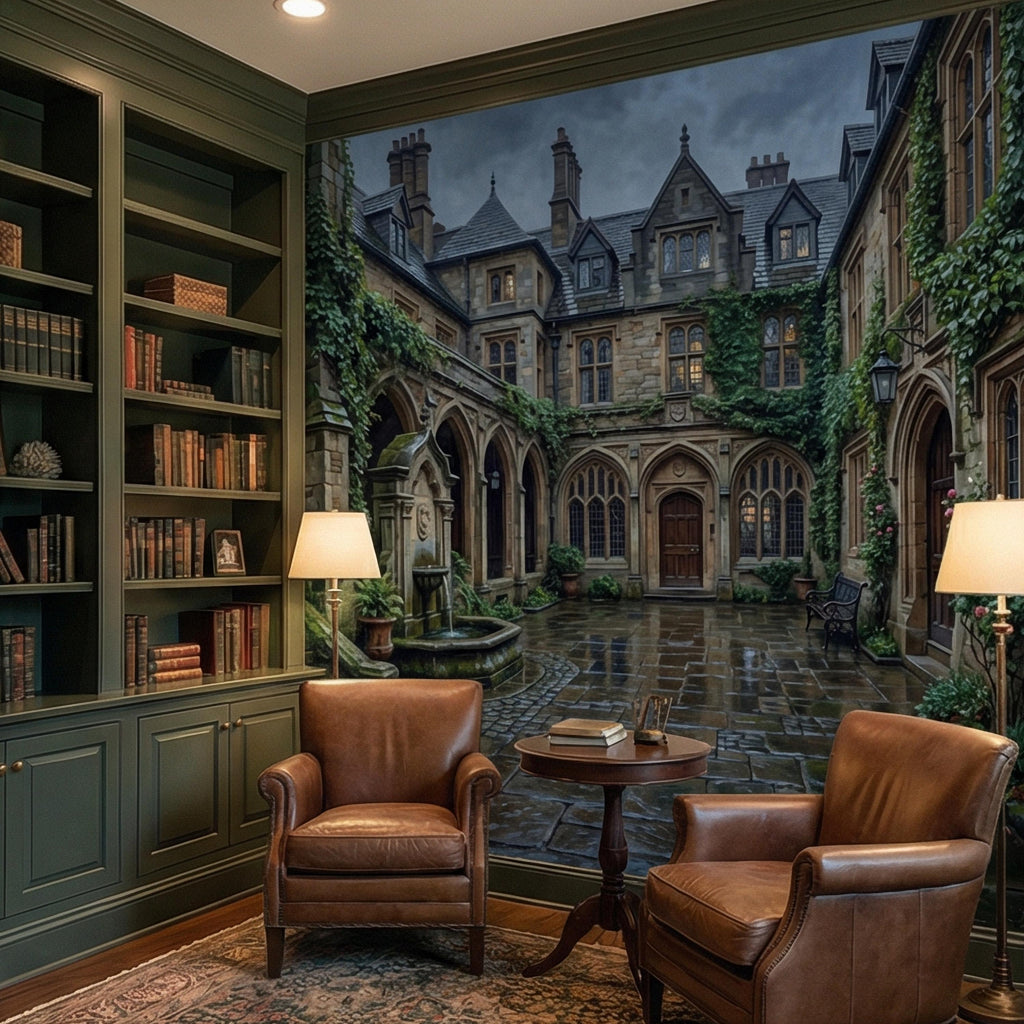 Gothic Courtyard Peel and Stick Wall Mural, Ivy Covered English Manor, Moody Dark Academia Castle, Rainy Old World Architecture Wallpaper