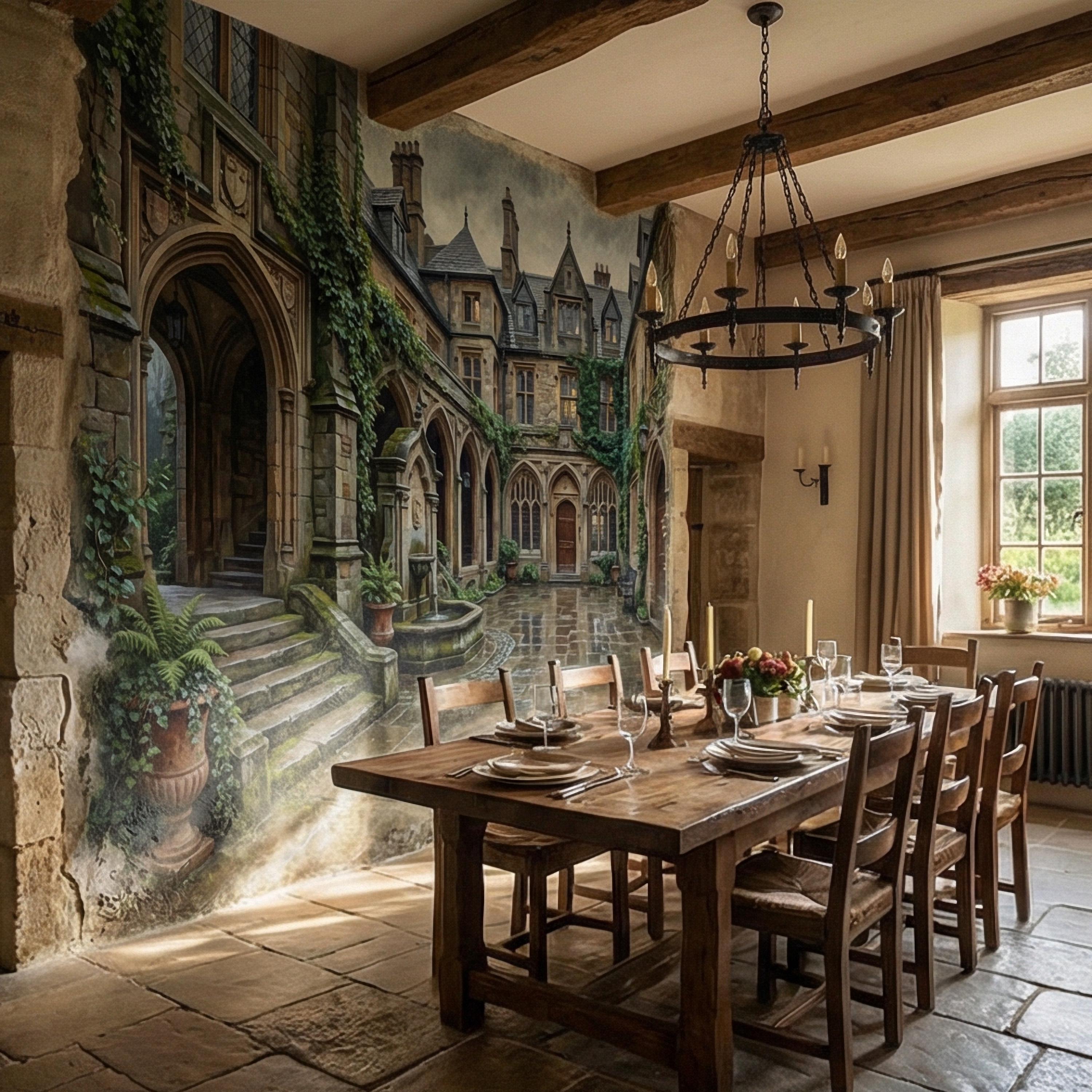 Gothic Courtyard Peel and Stick Wall Mural, Ivy Covered English Manor, Moody Dark Academia Castle, Rainy Old World Architecture Wallpaper