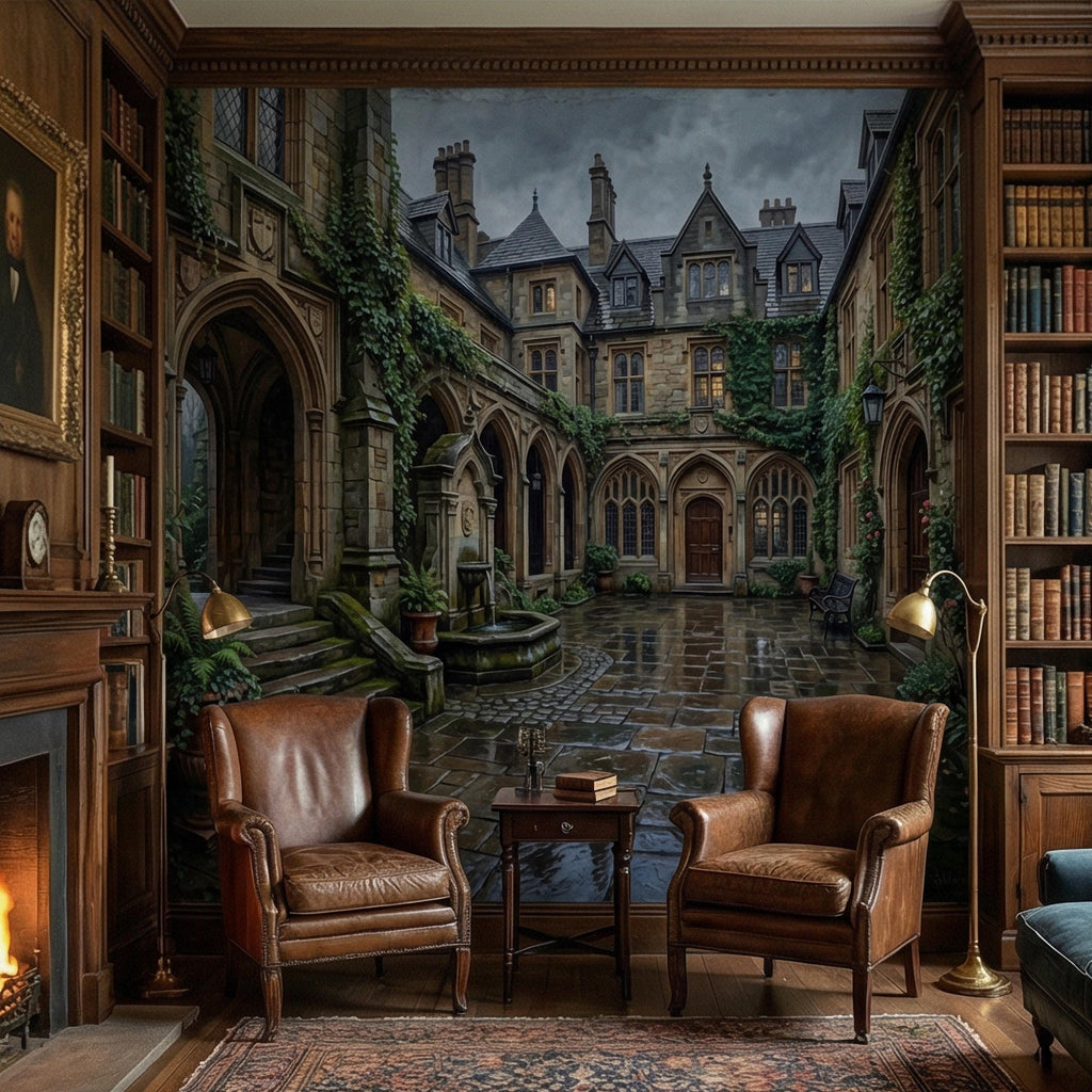 Gothic Courtyard Peel and Stick Wall Mural, Ivy Covered English Manor, Moody Dark Academia Castle, Rainy Old World Architecture Wallpaper