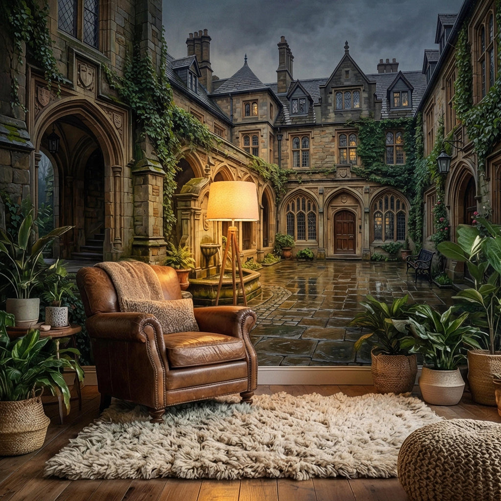 Gothic Courtyard Peel and Stick Wall Mural, Ivy Covered English Manor, Moody Dark Academia Castle, Rainy Old World Architecture Wallpaper