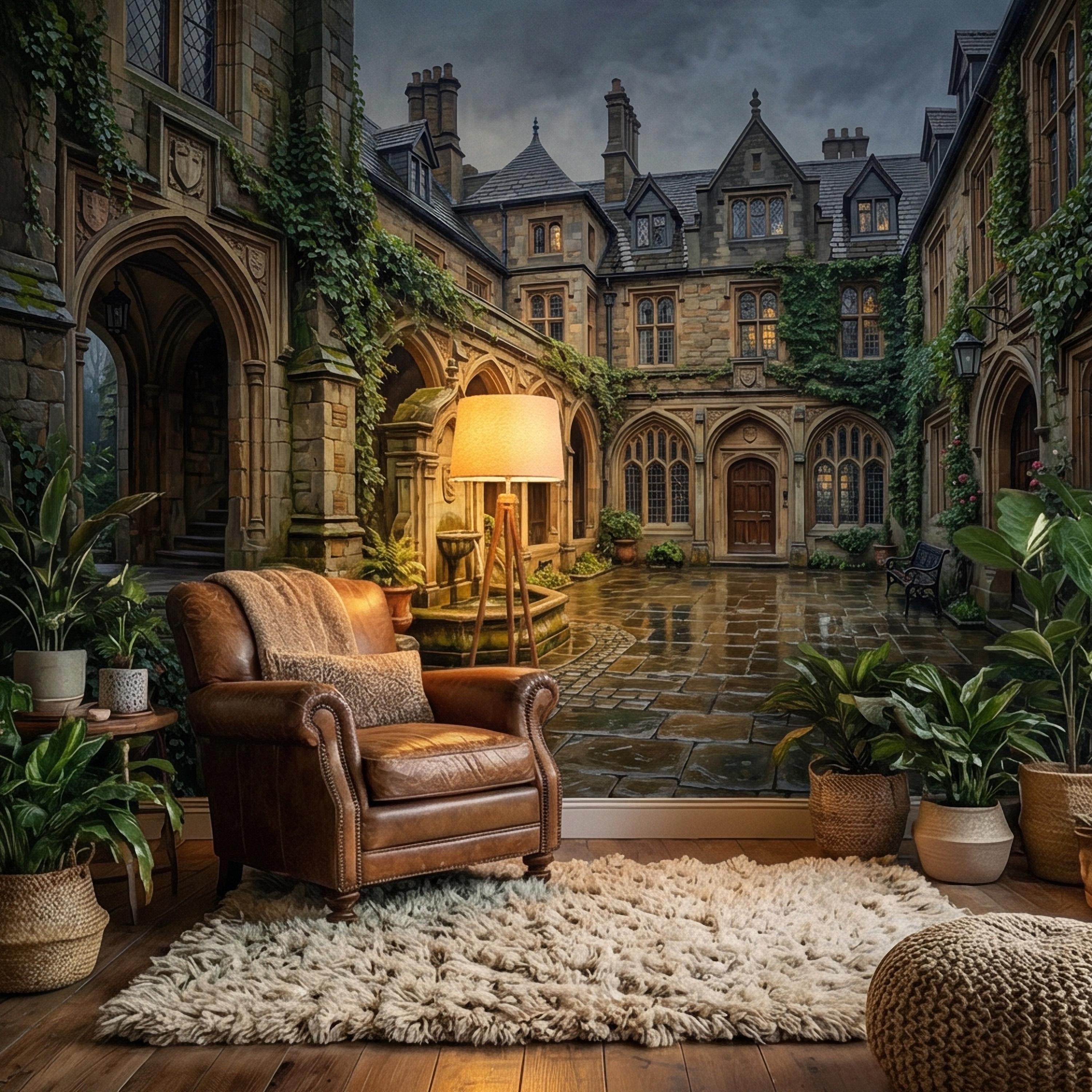 Gothic Courtyard Peel and Stick Wall Mural, Ivy Covered English Manor, Moody Dark Academia Castle, Rainy Old World Architecture Wallpaper