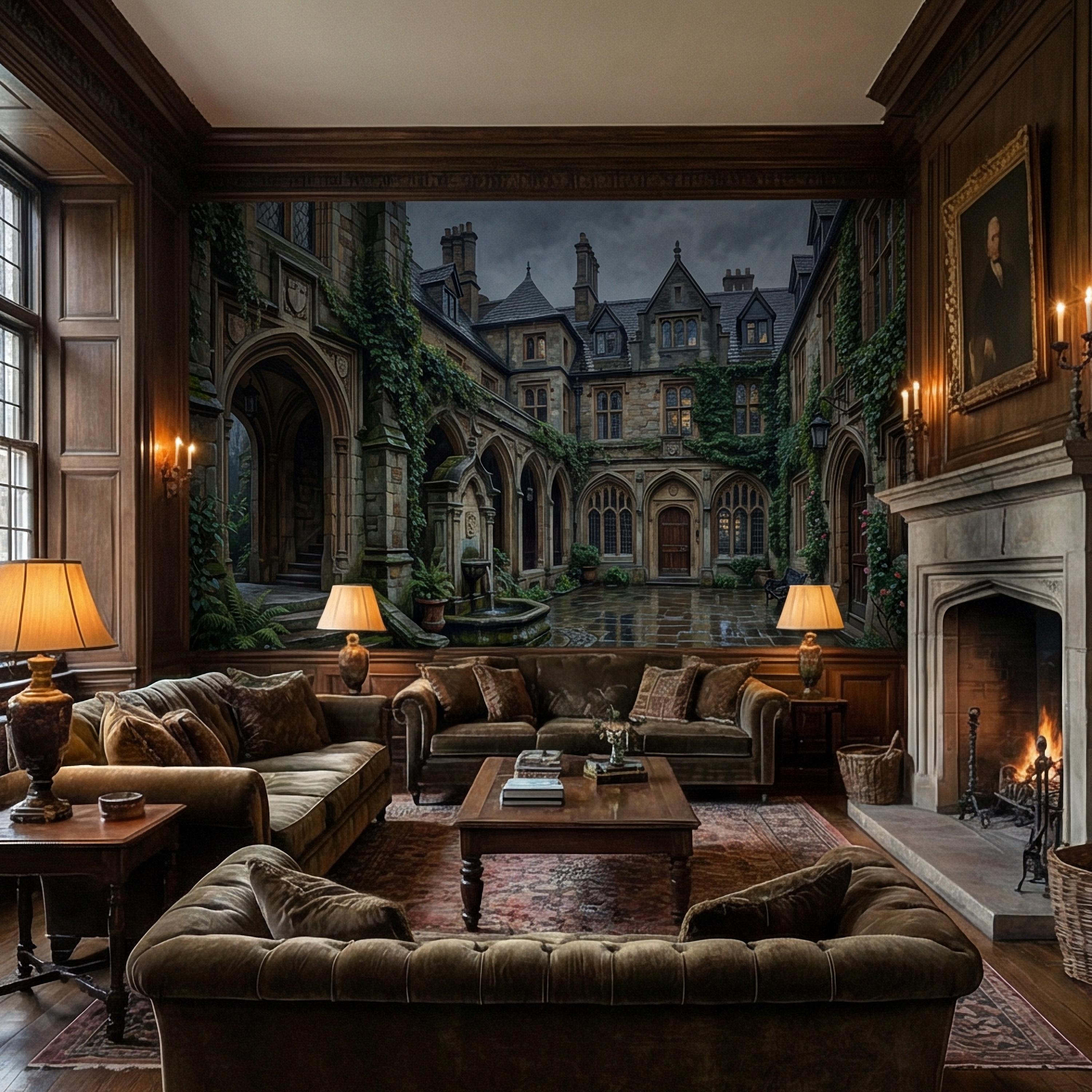 Gothic Courtyard Peel and Stick Wall Mural, Ivy Covered English Manor, Moody Dark Academia Castle, Rainy Old World Architecture Wallpaper
