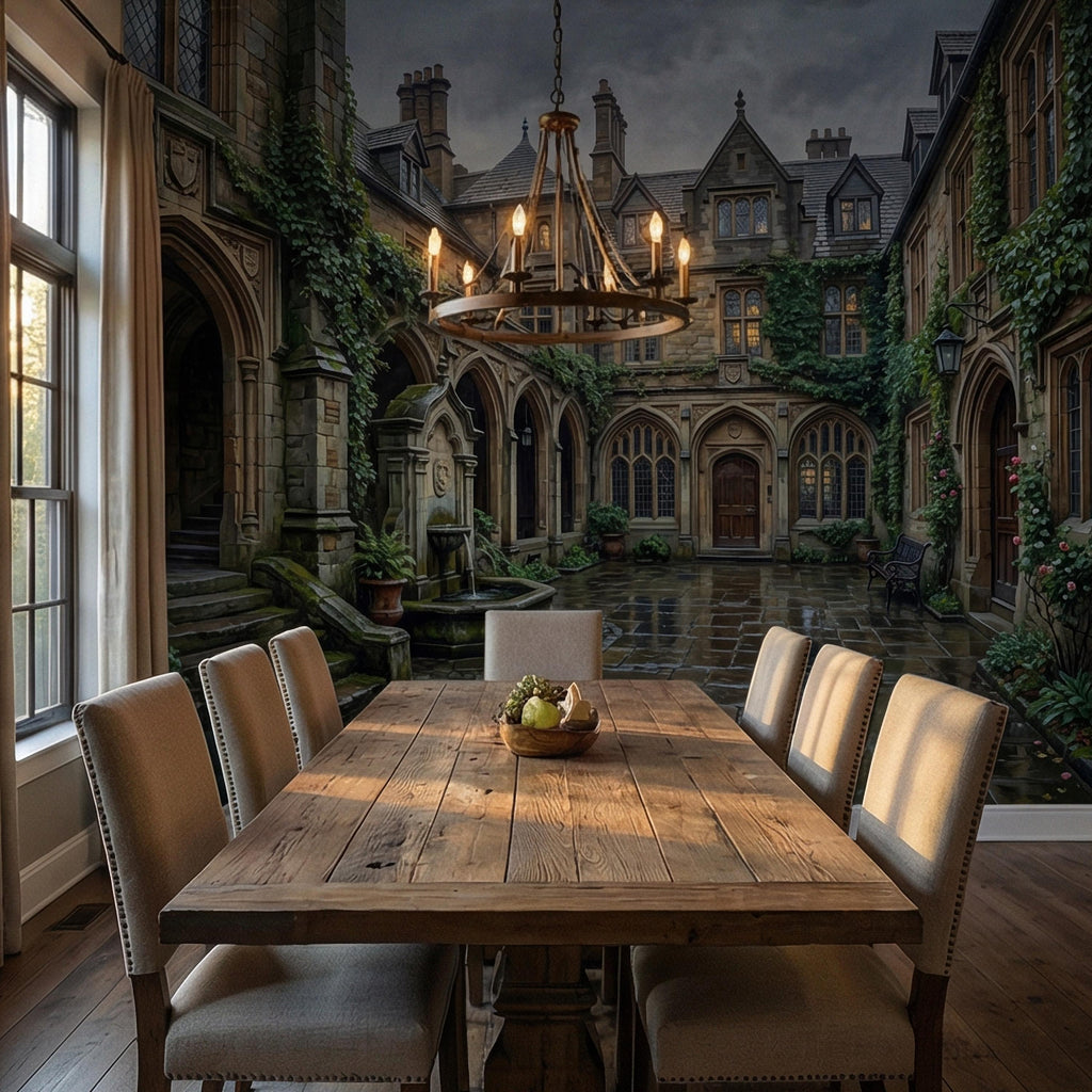 Gothic Courtyard Peel and Stick Wall Mural, Ivy Covered English Manor, Moody Dark Academia Castle, Rainy Old World Architecture Wallpaper