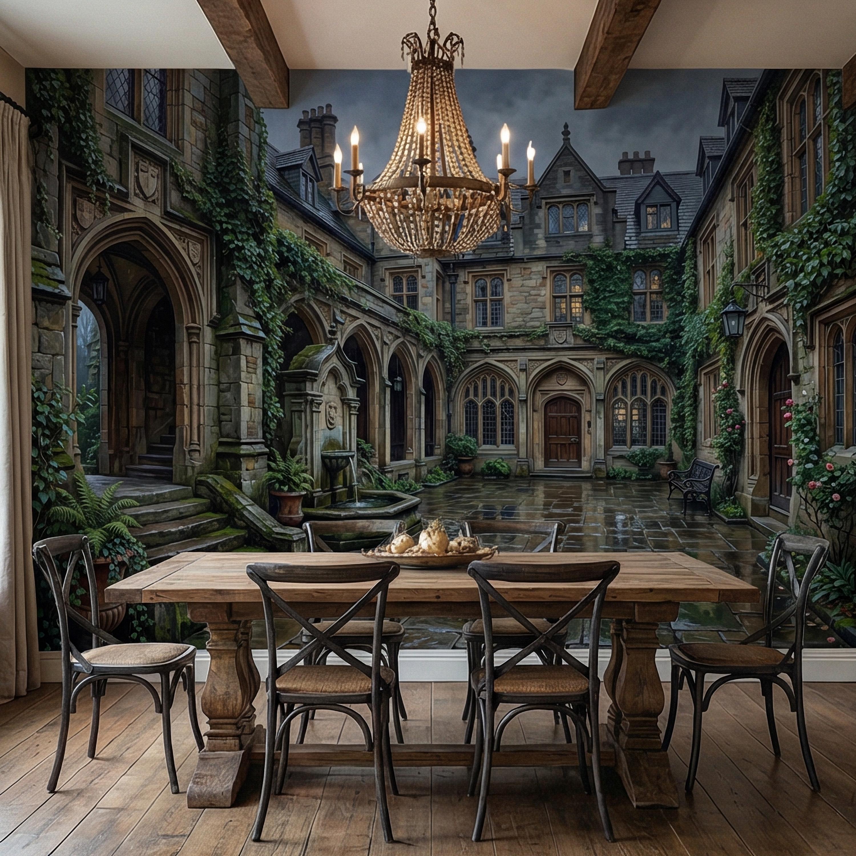 Gothic Courtyard Peel and Stick Wall Mural, Ivy Covered English Manor, Moody Dark Academia Castle, Rainy Old World Architecture Wallpaper