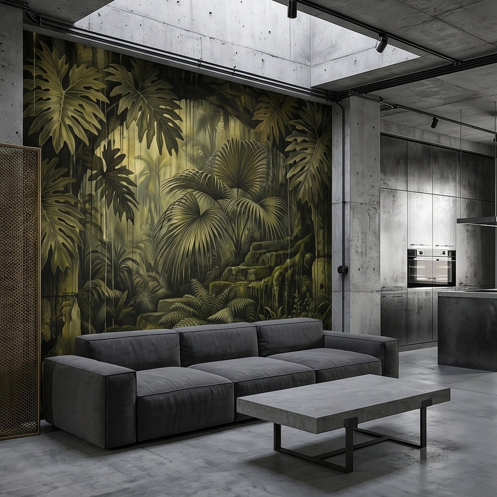 Dark Jungle Peel and Stick Wall Mural, Monstera Palm Leaves Overgrown Ruins, Moody Tropical Rainforest Vintage Grunge Botanical Wallpaper
