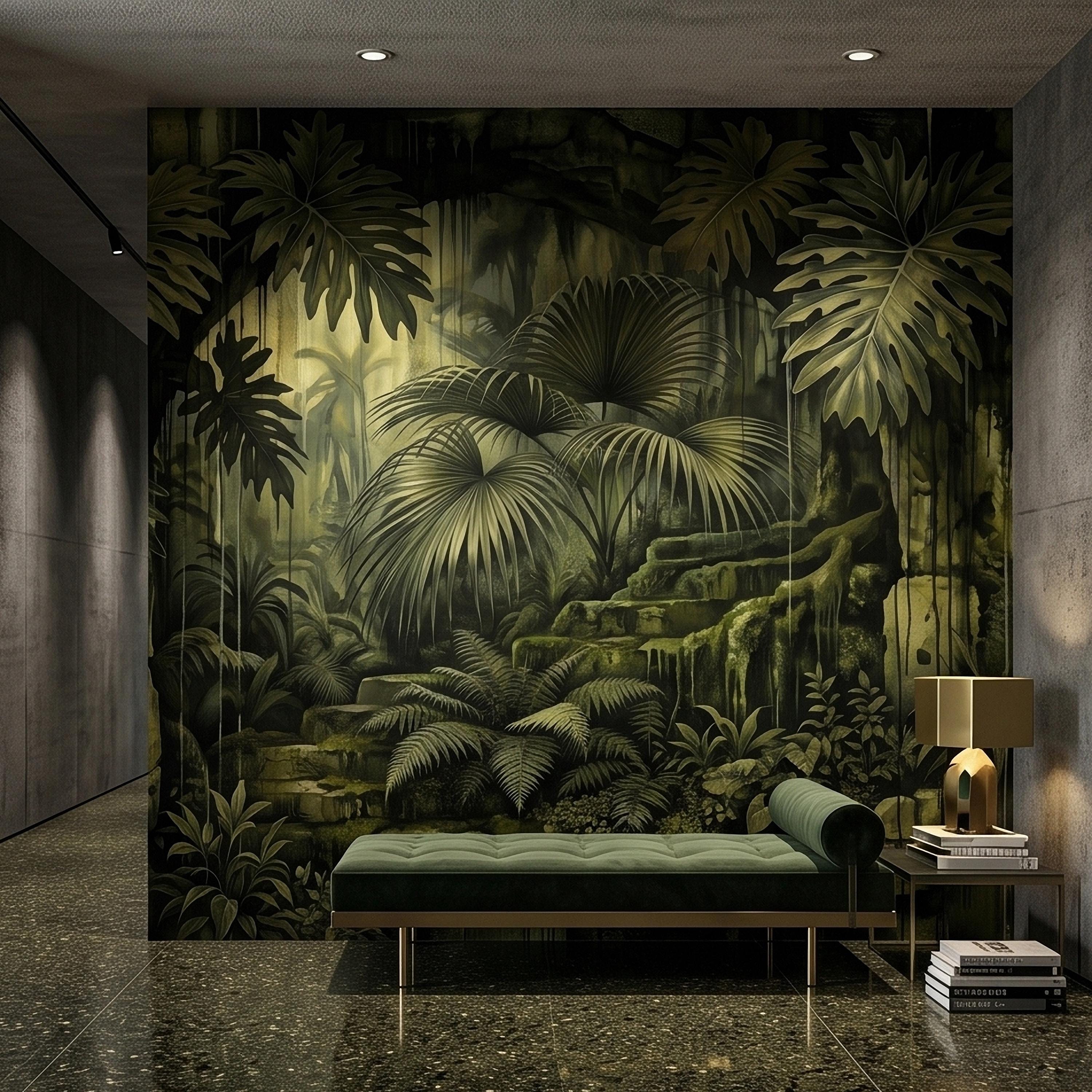 Dark Jungle Peel and Stick Wall Mural, Monstera Palm Leaves Overgrown Ruins, Moody Tropical Rainforest Vintage Grunge Botanical Wallpaper