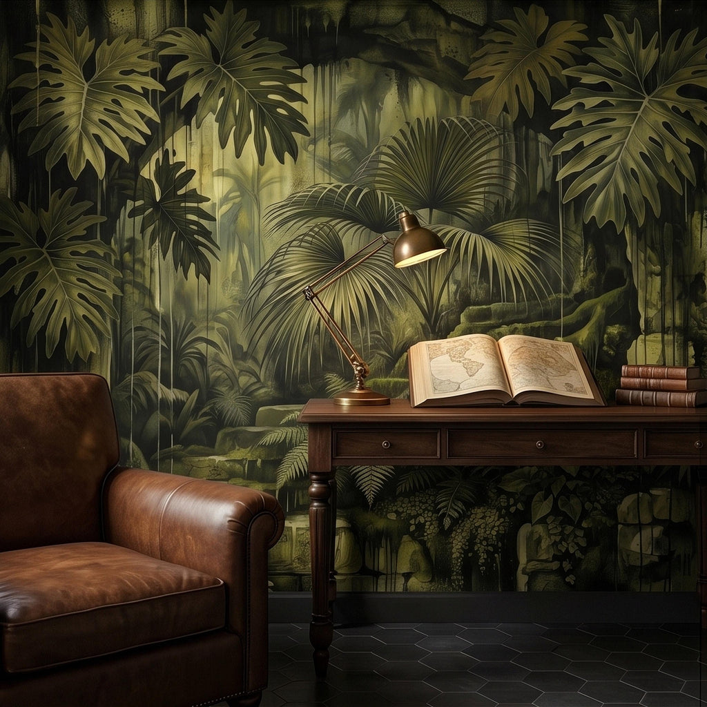 Dark Jungle Peel and Stick Wall Mural, Monstera Palm Leaves Overgrown Ruins, Moody Tropical Rainforest Vintage Grunge Botanical Wallpaper