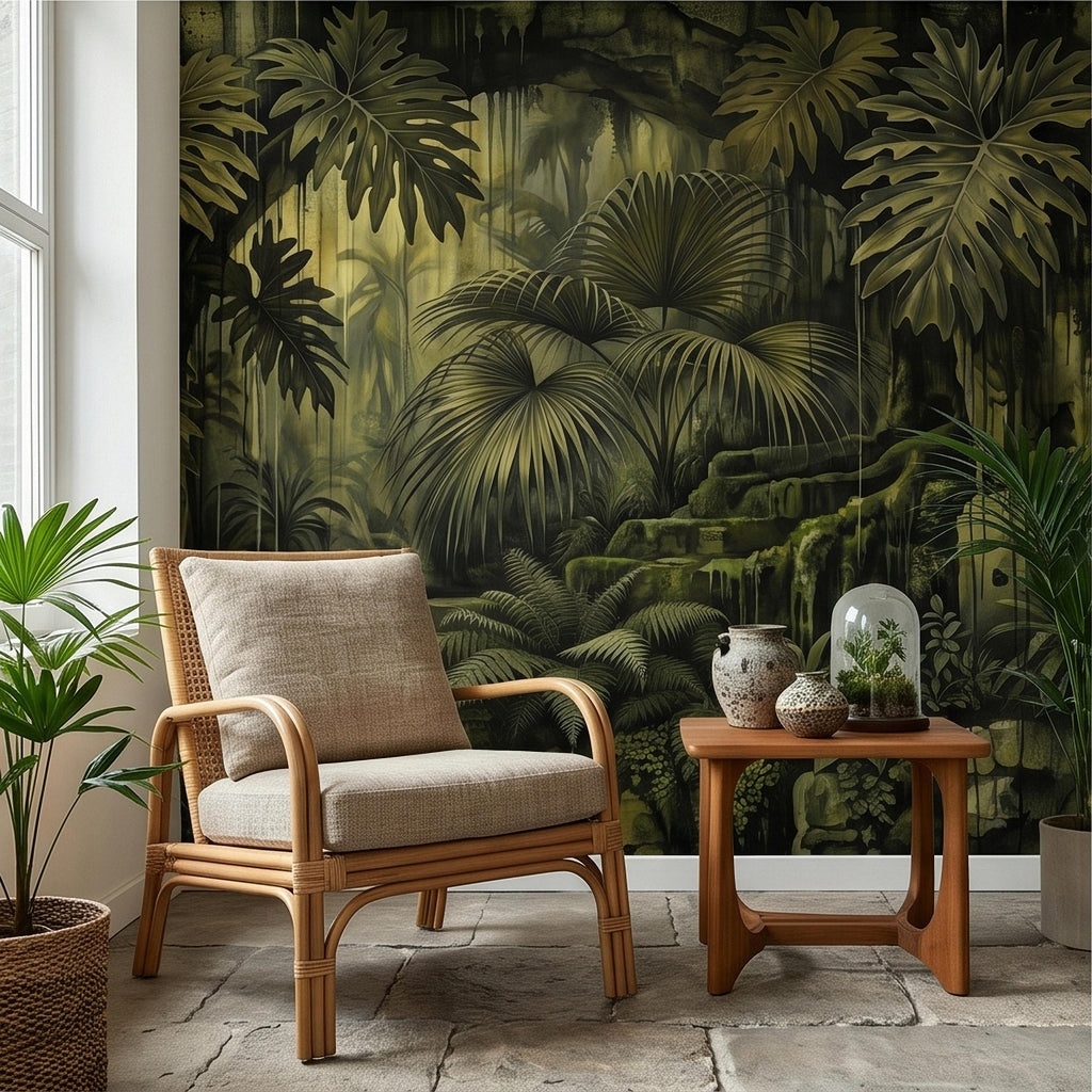 Dark Jungle Peel and Stick Wall Mural, Monstera Palm Leaves Overgrown Ruins, Moody Tropical Rainforest Vintage Grunge Botanical Wallpaper