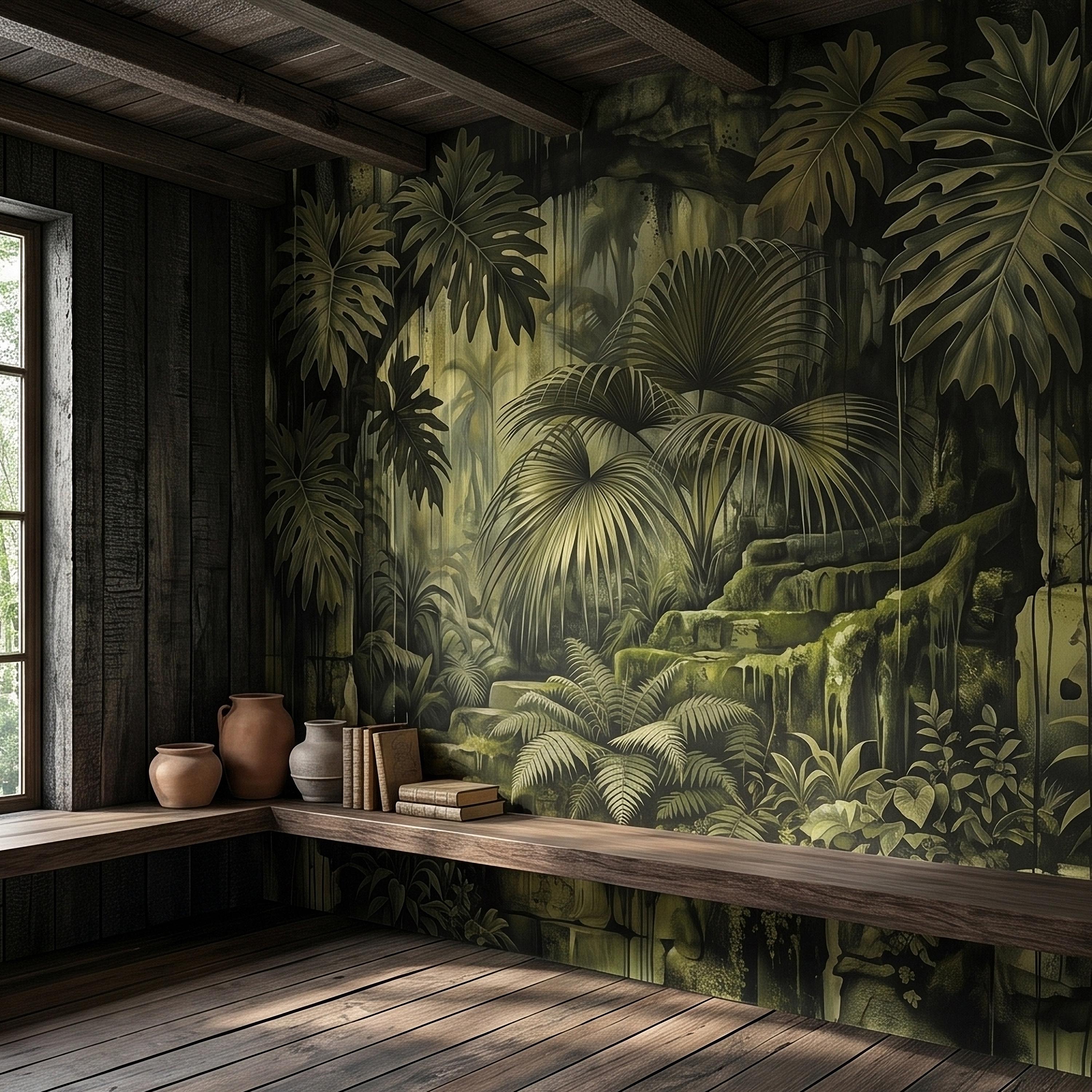Dark Jungle Peel and Stick Wall Mural, Monstera Palm Leaves Overgrown Ruins, Moody Tropical Rainforest Vintage Grunge Botanical Wallpaper