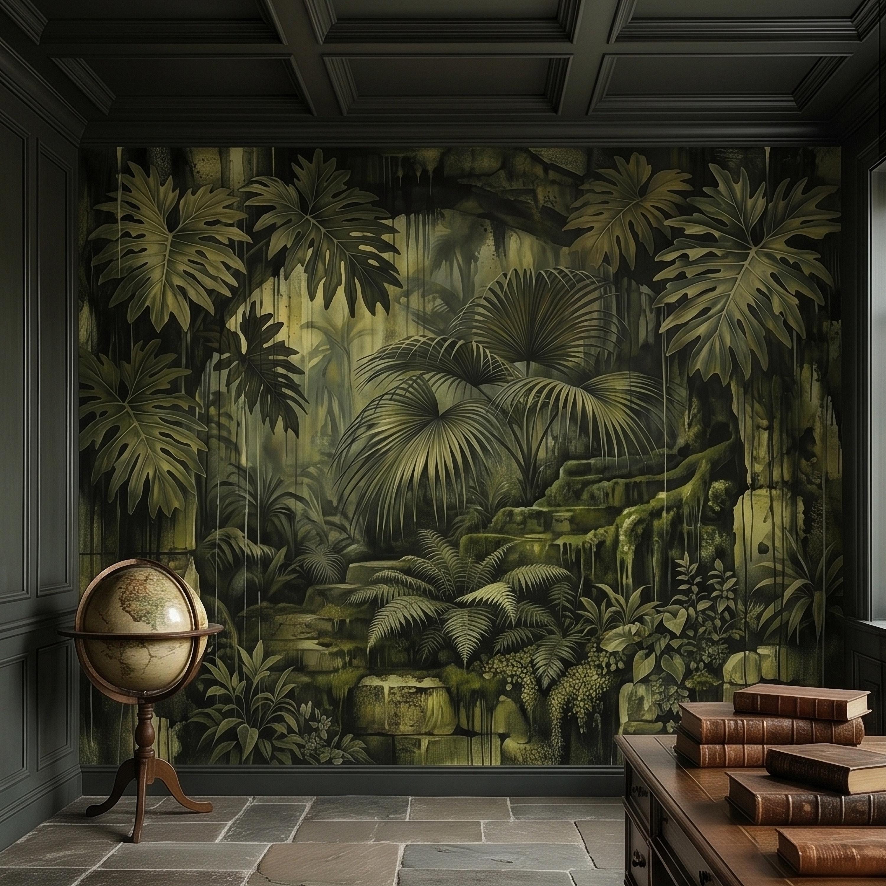 Dark Jungle Peel and Stick Wall Mural, Monstera Palm Leaves Overgrown Ruins, Moody Tropical Rainforest Vintage Grunge Botanical Wallpaper